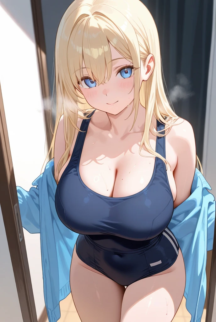 masterpiece, best quality, highly detailed, ultra high res, ayase arisa, 1girl, solo, hair ornament, long blonde hair, glossy lips, ??????????????, aqua eyes, ponytail, yoga pants, (own hands covering ???????)