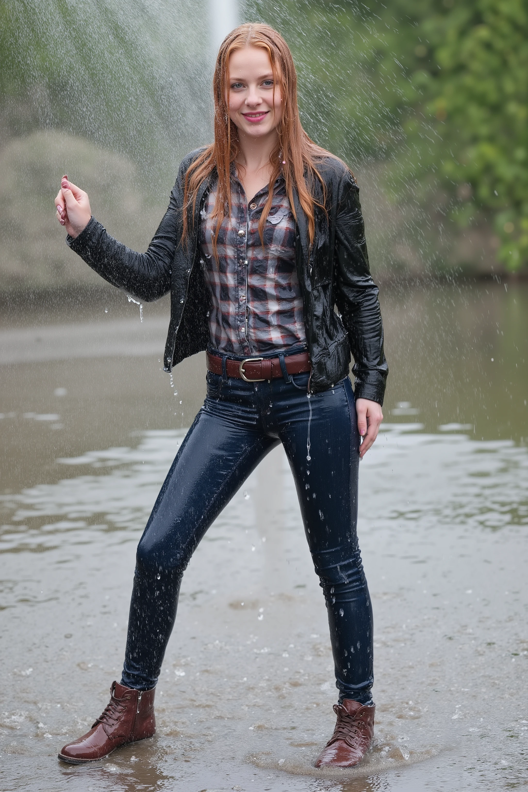 Uncensored, A girl with long red-blonde hair, soaking wet hair, very attractive 22-year old girl, viewed right from the front, full body view, enjoying being all wet, inviting smile, showing her teeth, looking into the camera, her arms spread to her sides, standing with legs spread, very long hair, her hair dripping and sticking, standing in the pooring rain, standing right under the spray, perfect proportions, perfect figure, blue eyes, a black suede leather jacket, a button-down plaid blouse, long sleeves, long leg dark blue skinny jeans with a dark brown leather belt, brown leather booties, legs and feet underwater until her waist, completely soaking wet, wet hair, waterlogged clothes, soaking wet, wet, wetlook