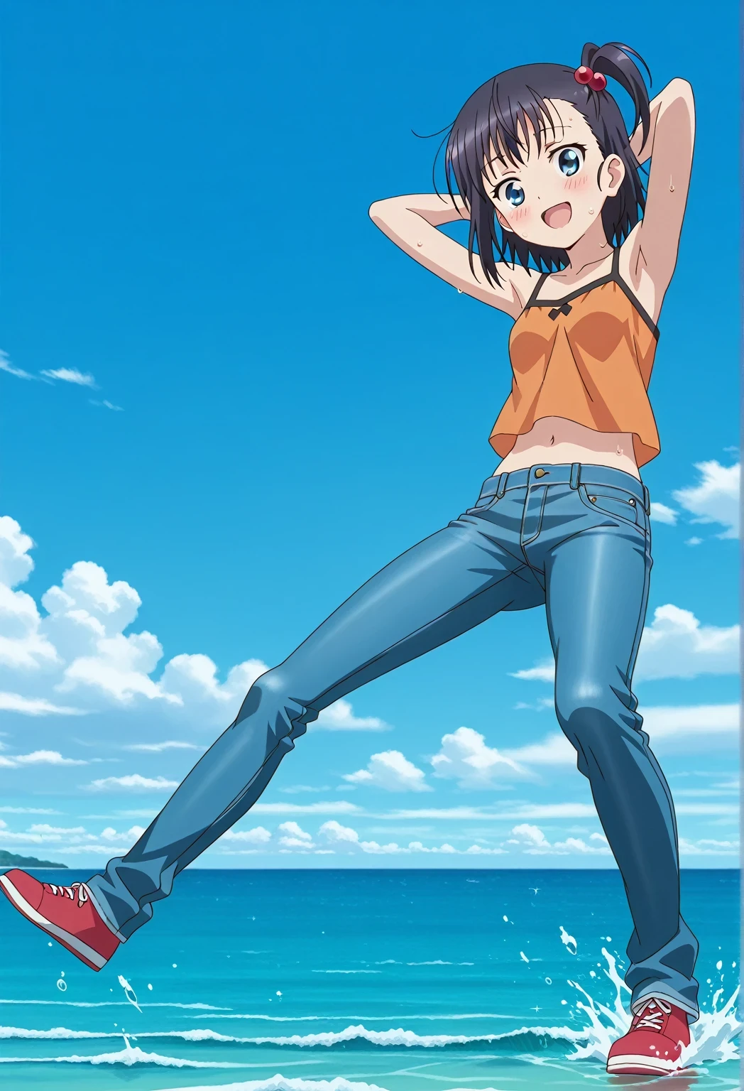 score_9, score_8_up, score_7_up, source_anime, highres, hi res, ((best quality, top quality, perfect quality, Highest Quality, amazing quality)), {{masterpiece}}, {{an extremely delicate and beautiful}}, 2d, intricate details, official style, anime, 8k, anime style, official_anime, official art, digital painting, cell shading, soft shading, high resolution, soothing tones, Subdued Color, Soft cinematic light, adobe lightroom, photolab, HDR, intricately and hyper-detailed, ((high quality animation)), 1 girl, Alone, solo, ((ocean)), tsunami, on the water, day, sunny, outdoors, sky, windy, hikage miyauchi, short hair, blue eyes, black hair, side ponytail, one side up, hair bobbles, anime screencap, small breasts, orange camisole top, crop top, orange crop top, best quality, hyper-detailed jeans, ((blue jeans:1.9)), (dark blue jeans:0.6), full medium body, medium shot, Open mouth, smiling, happy face, blush, sweat, standing, ((arms behind head:6.0)), ((perfect arm line:2.5)), bowlegged, jumping pose, action, looking at viewer, spread legs, Bend knees slightly, straight-on front view