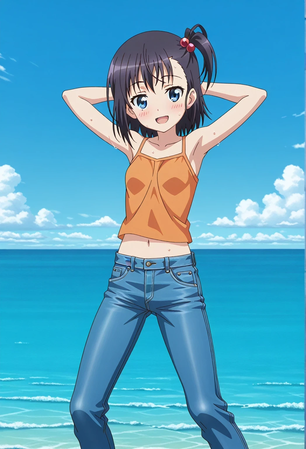 score_9, score_8_up, score_7_up, source_anime, highres, hi res, ((best quality, top quality, perfect quality, Highest Quality, amazing quality)), {{masterpiece}}, {{an extremely delicate and beautiful}}, 2d, intricate details, official style, anime, 8k, anime style, official_anime, official art, digital painting, cell shading, soft shading, high resolution, soothing tones, Subdued Color, Soft cinematic light, adobe lightroom, photolab, HDR, intricately and hyper-detailed, ((high quality animation)), 1 girl, Alone, solo, ((ocean)), tsunami, on the water, day, sunny, outdoors, sky, windy, hikage miyauchi, short hair, blue eyes, black hair, side ponytail, one side up, hair bobbles, anime screencap, small breasts, orange camisole top, crop top, orange crop top, best quality, hyper-detailed jeans, ((blue jeans:1.9)), (dark blue jeans:0.6), full medium body, medium shot, Open mouth, smiling, happy face, blush, sweat, standing, ((arms behind head:6.0)), ((perfect arm line:2.5)), bowlegged, jumping pose, action, looking at viewer, spread legs, Bend knees slightly, straight-on front view