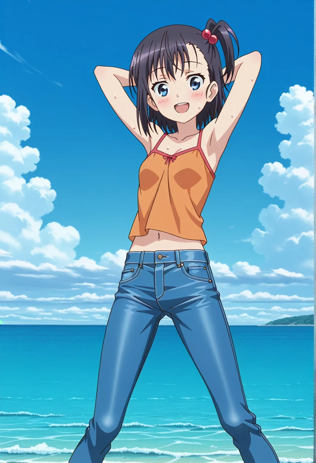 score_9, score_8_up, score_7_up, source_anime, highres, hi res, ((best quality, top quality, perfect quality, Highest Quality, amazing quality)), {{masterpiece}}, {{an extremely delicate and beautiful}}, 2d, intricate details, official style, anime, 8k, anime style, official_anime, official art, digital painting, cell shading, soft shading, high resolution, soothing tones, Subdued Color, Soft cinematic light, adobe lightroom, photolab, HDR, intricately and hyper-detailed, ((high quality animation)), 1 girl, Alone, solo, ((ocean)), tsunami, on the water, day, sunny, outdoors, sky, windy, hikage miyauchi, short hair, blue eyes, black hair, side ponytail, one side up, hair bobbles, anime screencap, small breasts, orange camisole top, crop top, orange crop top, best quality, hyper-detailed jeans, ((blue jeans:1.9)), (dark blue jeans:0.6), full medium body, medium shot, Open mouth, smiling, happy face, blush, sweat, standing, ((arms behind head:6.0)), ((perfect arm line:2.5)), bowlegged, jumping pose, action, looking at viewer, spread legs, Bend knees slightly, straight-on front view
