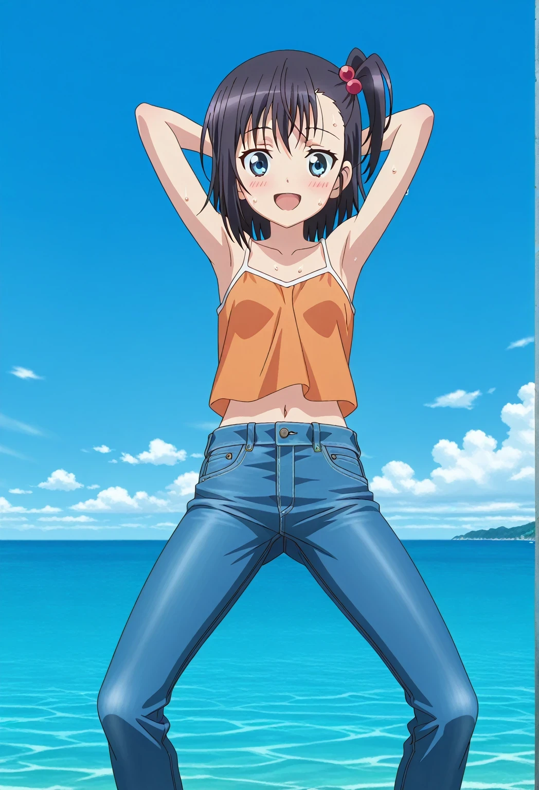 score_9, score_8_up, score_7_up, source_anime, highres, hi res, ((best quality, top quality, perfect quality, Highest Quality, amazing quality)), {{masterpiece}}, {{an extremely delicate and beautiful}}, 2d, intricate details, official style, anime, 8k, anime style, official_anime, official art, digital painting, cell shading, soft shading, high resolution, soothing tones, Subdued Color, Soft cinematic light, adobe lightroom, photolab, HDR, intricately and hyper-detailed, ((high quality animation)), 1 girl, Alone, solo, ((ocean)), tsunami, on the water, day, sunny, outdoors, sky, windy, hikage miyauchi, short hair, blue eyes, black hair, side ponytail, one side up, hair bobbles, anime screencap, small breasts, orange camisole top, crop top, orange crop top, best quality, hyper-detailed jeans, ((blue jeans:1.9)), (dark blue jeans:0.6), full medium body, medium shot, Open mouth, smiling, happy face, blush, sweat, standing, ((arms behind head:6.0)), ((perfect arm line:2.5)), bowlegged, jumping pose, action, looking at viewer, spread legs, Bend knees slightly, straight-on front view