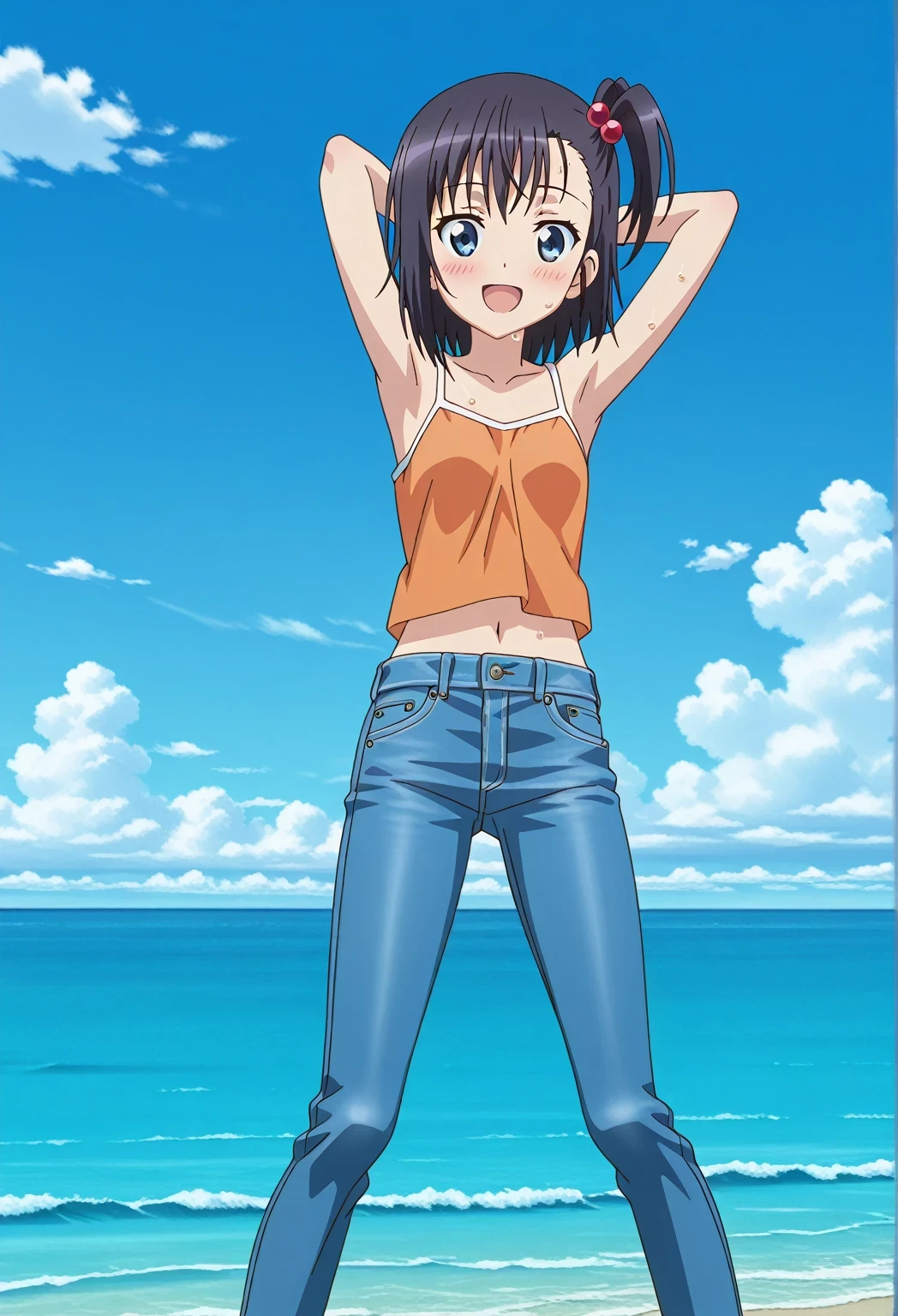 score_9, score_8_up, score_7_up, source_anime, highres, hi res, ((best quality, top quality, perfect quality, Highest Quality, amazing quality)), {{masterpiece}}, {{an extremely delicate and beautiful}}, 2d, intricate details, official style, anime, 8k, anime style, official_anime, official art, digital painting, cell shading, soft shading, high resolution, soothing tones, Subdued Color, Soft cinematic light, adobe lightroom, photolab, HDR, intricately and hyper-detailed, ((high quality animation)), 1 girl, Alone, solo, ((ocean)), tsunami, on the water, day, sunny, outdoors, sky, windy, hikage miyauchi, short hair, blue eyes, black hair, side ponytail, one side up, hair bobbles, anime screencap, small breasts, orange camisole top, crop top, orange crop top, best quality, hyper-detailed jeans, ((blue jeans:1.9)), (dark blue jeans:0.6), full medium body, medium shot, Open mouth, smiling, happy face, blush, sweat, standing, ((arms behind head:6.0)), ((perfect arm line:2.5)), bowlegged, jumping pose, action, looking at viewer, spread legs, Bend knees slightly, straight-on front view