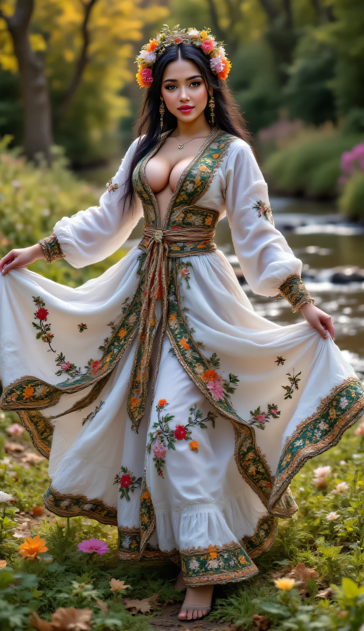 best quality, ultra highres, stunning Serbian woman in authentic folk costume captured mid-dance in sunlit flower meadow with river flowing gently behind her, attractive voluptuous female with striking green eyes and round face wearing traditional Serbian dress featuring short wide embroidered skirt that creates perfect circular shape during spin, professional DSLR photography with HDR processing capturing vibrant colors of both costume and natural environment in exceptional detail, traditional outfit with open-chest design accentuating generous bust while ornate embroidery patterns showcase authentic cultural craftsmanship, expression showing radiant smile with crimson lipstick highlighting full lips creating picture of cultural pride and feminine beauty, flowing black hair with traditional floral crown creating visual connection between woman and meadow surroundings, elaborate Serbian costume with multiple layers including white blouse with regional embroidery patterns, colorful vest, and wide skirt with specific motifs identifying Serbian cultural region, moment capturing perfect synthesis of feminine beauty and cultural heritage through traditional dress and natural setting, atmosphere of timeless connection to ancestral traditions through authentic costume preservation, realistic details including hand-crafted accessories and traditional footwear completing authentic ensemble, full body figure photographed from optimal distance to capture complete costume details while showing scenic natural environment
