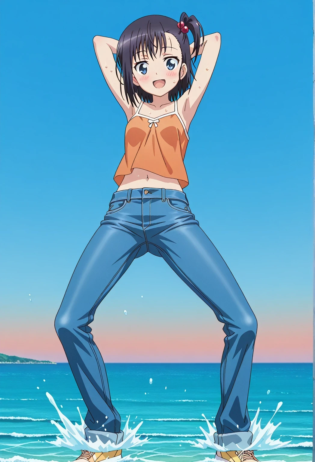 score_9, score_8_up, score_7_up, source_anime, highres, hi res, ((best quality, top quality, perfect quality, Highest Quality, amazing quality)), {{masterpiece}}, {{an extremely delicate and beautiful}}, 2d, intricate details, official style, anime, 8k, anime style, official_anime, official art, digital painting, cell shading, soft shading, high resolution, soothing tones, Subdued Color, Soft cinematic light, adobe lightroom, photolab, HDR, intricately and hyper-detailed, ((high quality animation)), 1 girl, Alone, solo, ((ocean)), tsunami, on the water, day, sunny, outdoors, sky, windy, hikage miyauchi, short hair, blue eyes, black hair, side ponytail, one side up, hair bobbles, anime screencap, small breasts, orange camisole top, crop top, orange crop top, best quality, hyper-detailed jeans, ((blue jeans:1.9)), (dark blue jeans:0.6), full medium body, medium shot, Open mouth, smiling, happy face, blush, sweat, standing, ((arms behind head:6.0)), ((perfect arm line:2.5)), bowlegged, jumping pose, action, looking at viewer, spread legs, Bend knees slightly, straight-on front view