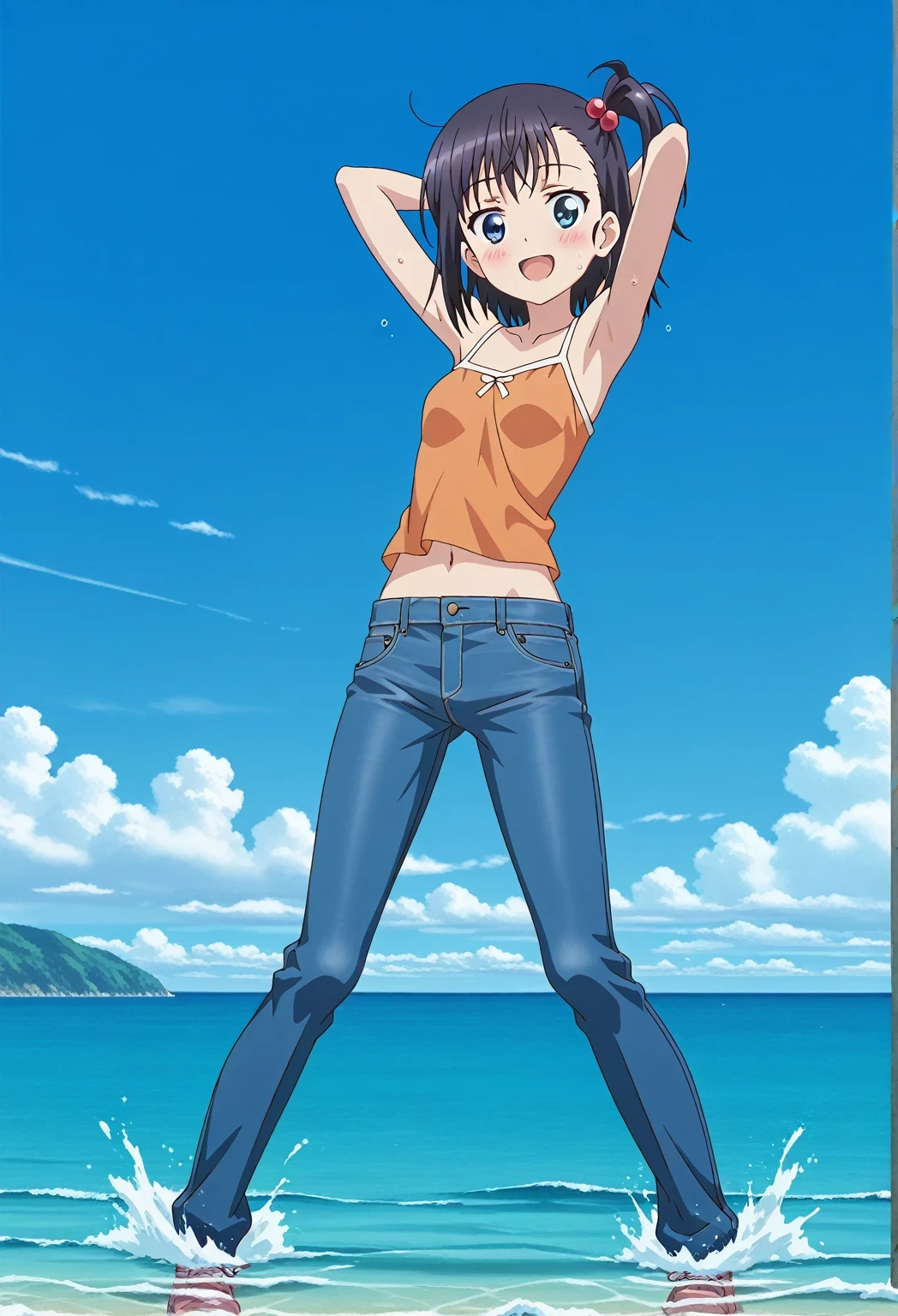 score_9, score_8_up, score_7_up, source_anime, highres, hi res, ((best quality, top quality, perfect quality, Highest Quality, amazing quality)), {{masterpiece}}, {{an extremely delicate and beautiful}}, 2d, intricate details, official style, anime, 8k, anime style, official_anime, official art, digital painting, cell shading, soft shading, high resolution, soothing tones, Subdued Color, Soft cinematic light, adobe lightroom, photolab, HDR, intricately and hyper-detailed, ((high quality animation)), 1 girl, Alone, solo, ((ocean)), tsunami, on the water, day, sunny, outdoors, sky, windy, hikage miyauchi, short hair, blue eyes, black hair, side ponytail, one side up, hair bobbles, anime screencap, small breasts, orange camisole top, crop top, orange crop top, best quality, hyper-detailed jeans, ((blue jeans:1.9)), (dark blue jeans:0.6), full medium body, medium shot, Open mouth, smiling, happy face, blush, sweat, standing, ((arms behind head:6.0)), ((perfect arm line:2.5)), bowlegged, jumping pose, action, looking at viewer, spread legs, Bend knees slightly, straight-on front view