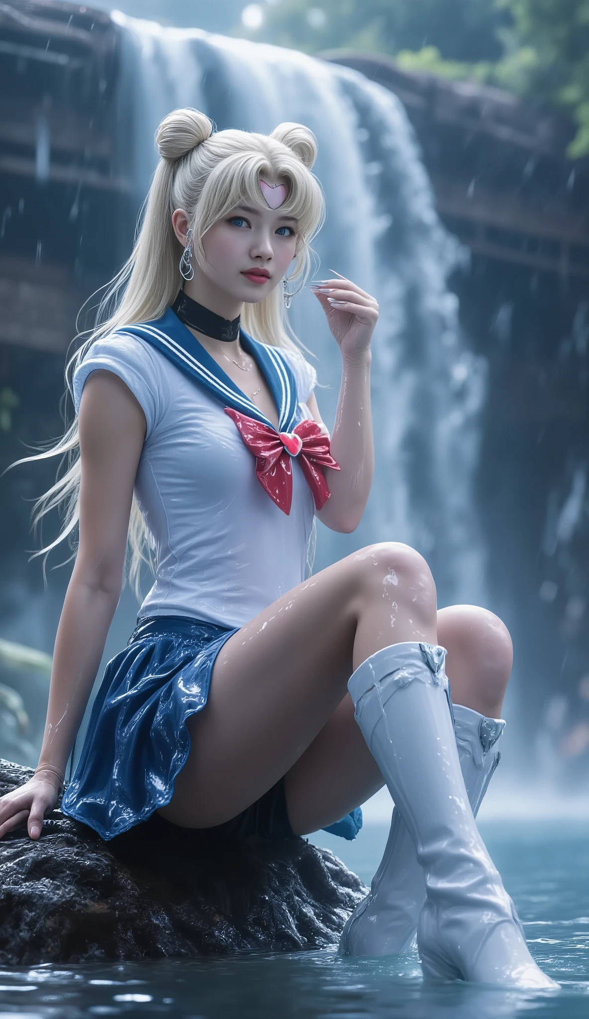 Masterpiece, 8K, Top Quality, Intricate Detail, Ultra Detail, Ultra High Resolution, ((blue eyes: 1.21)), full body portrait, ((Long Distance)), ((Daylight: 1.3)), ((Woman: 1.2)), Standing, HDR, Ultra Detail, EF 24-70mm f/2.8L II USM, Top Quality, High Quality, ((Photorealistic: 1.4)), ((skin detail: 1.2)), ((blonde hair: 1.1)), 1 Girl, Japanese Girl, Cute, Beautiful, Charming, 18 Years Old, sexy body, tall big body, height 165cm, weight 55kg, colossal big breasts, (big breasts: 1.2), firm breasts, thin lips, red lips, high nose, Asian girl, A young girl is sitting. forest with waterfall、waterfalls of different heights、big waterfall、waterfall with water power、((Sitting on a rock in front of the waterfall)), ((spread legs wide))、((lift skirt))、((show off black lace panties))、((big waterfall))、((Wet and see-through)), ((sailor suit))、((bathing in the waterfall)), ((Skin soaked from head to toe))、((Water dripping from skin))、((sailor suit))、((sailor suit))、((sailor suit、Water dripping from sailor skirt))、angle from below. She is wearing a rain-soaked outfit—a Sailor Moon-inspired sailor outfit, a tight white shirt, a blue sailor collar, a white striped sailor collar, a red bow tie on her chest, a heart-shaped brooch in the middle of the red bow tie, a blue, pleated skirt, a tight miniskirt, elbow-length white gloves, and knee-high white boots. Her blonde hair, long to her hips, is in a double bun, her long, wet blonde hair sticking to her face and shoulders. She holds a small cup with both hands, seemingly contemplating or enjoying the warmth of the drink in the pouring rain. The surrounding atmosphere is very natural and peaceful, with raindrops falling from the thatched roof and the background full of greenery, including tropical trees and a waterfall. Realistic