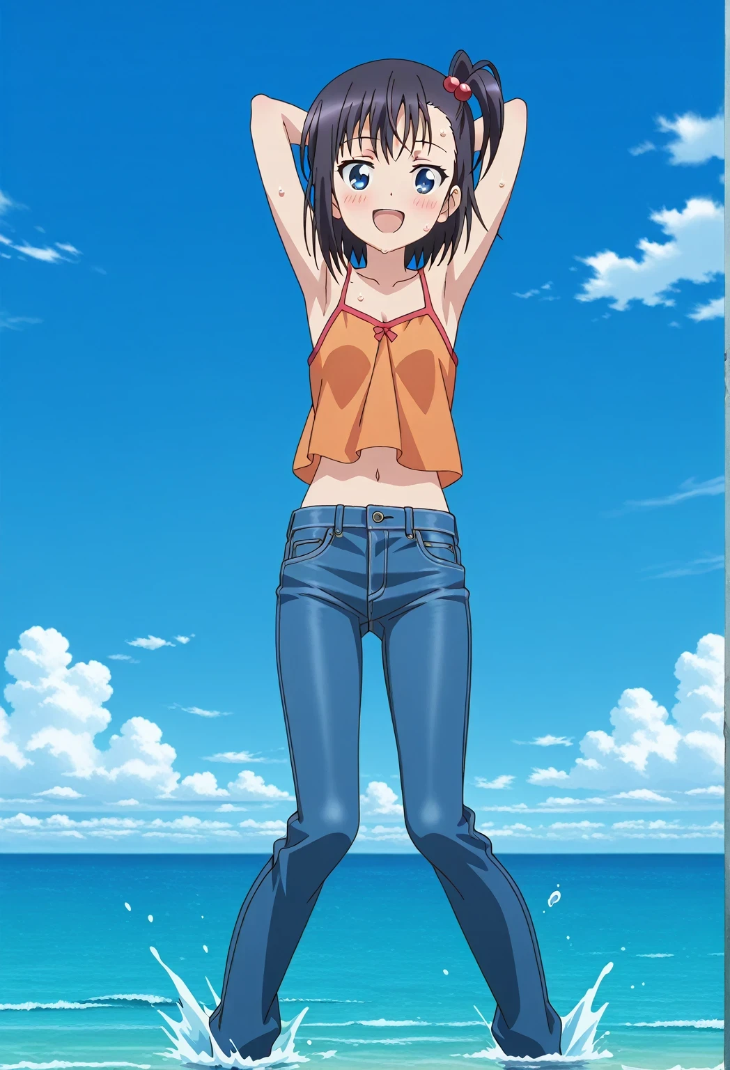 score_9, score_8_up, score_7_up, source_anime, highres, hi res, ((best quality, top quality, perfect quality, Highest Quality, amazing quality)), {{masterpiece}}, {{an extremely delicate and beautiful}}, 2d, intricate details, official style, anime, 8k, anime style, official_anime, official art, digital painting, cell shading, soft shading, high resolution, soothing tones, Subdued Color, Soft cinematic light, adobe lightroom, photolab, HDR, intricately and hyper-detailed, ((high quality animation)), 1 girl, Alone, solo, ((ocean)), tsunami, on the water, day, sunny, outdoors, sky, windy, hikage miyauchi, short hair, blue eyes, black hair, side ponytail, one side up, hair bobbles, anime screencap, small breasts, orange camisole top, crop top, orange crop top, best quality, hyper-detailed jeans, ((blue jeans:1.9)), (dark blue jeans:0.6), full medium body, medium shot, Open mouth, smiling, happy face, blush, sweat, standing, ((arms behind head:6.0)), ((perfect arm line:2.5)), bowlegged, jumping pose, action, looking at viewer, spread legs, Bend knees slightly, straight-on front view