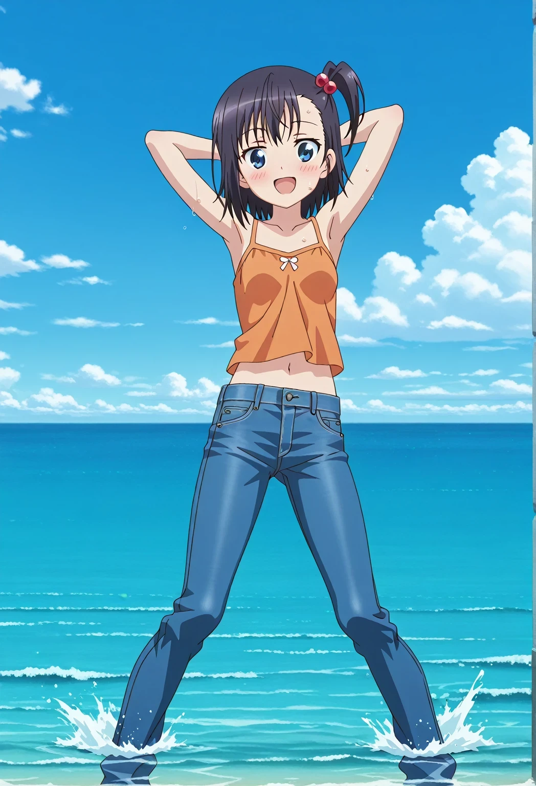 score_9, score_8_up, score_7_up, source_anime, highres, hi res, ((best quality, top quality, perfect quality, Highest Quality, amazing quality)), {{masterpiece}}, {{an extremely delicate and beautiful}}, 2d, intricate details, official style, anime, 8k, anime style, official_anime, official art, digital painting, cell shading, soft shading, high resolution, soothing tones, Subdued Color, Soft cinematic light, adobe lightroom, photolab, HDR, intricately and hyper-detailed, ((high quality animation)), 1 girl, Alone, solo, ((ocean)), tsunami, on the water, day, sunny, outdoors, sky, windy, hikage miyauchi, short hair, blue eyes, black hair, side ponytail, one side up, hair bobbles, anime screencap, small breasts, orange camisole top, crop top, orange crop top, best quality, hyper-detailed jeans, ((blue jeans:1.9)), (dark blue jeans:0.6), full medium body, medium shot, Open mouth, smiling, happy face, blush, sweat, standing, ((arms behind head:6.0)), ((perfect arm line:2.5)), bowlegged, jumping pose, action, looking at viewer, spread legs, Bend knees slightly, straight-on front view