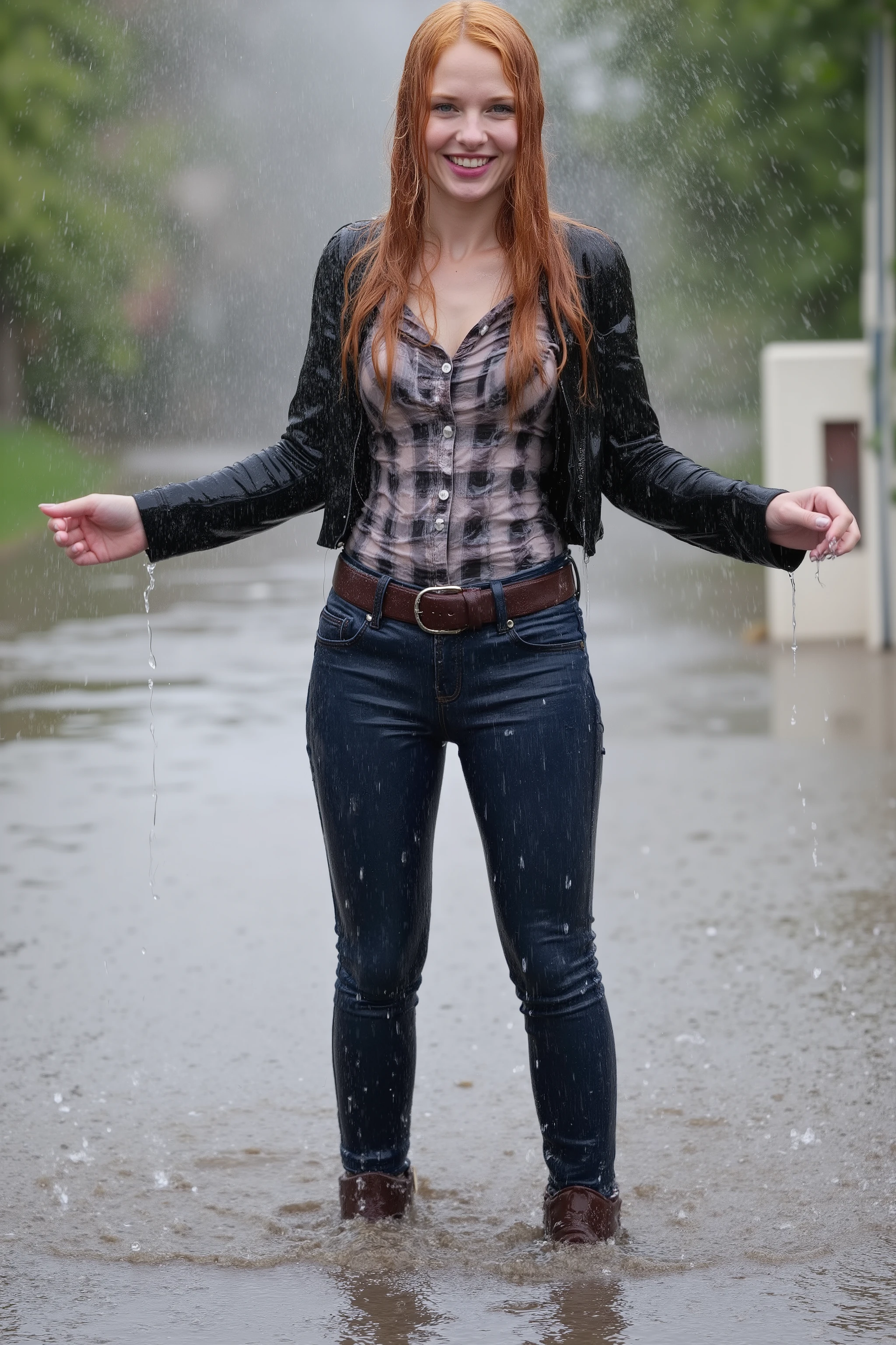 Uncensored, A girl with long red-blonde hair, soaking wet hair, very attractive 24-year old girl, viewed right from the front, full body view, enjoying being all wet, inviting smile, showing her teeth, looking into the camera, her arms spread to her sides, standing with legs spread, very long hair, her hair dripping and sticking, standing in the pooring rain, standing right under the spray, perfect proportions, perfect figure, blue eyes, a black suede leather jacket, a button-down plaid blouse, long sleeves, long leg dark blue skinny jeans with a dark brown leather belt, brown leather booties, legs and feet underwater until her waist, completely soaking wet, wet hair, waterlogged clothes, soaking wet, wet, wetlook