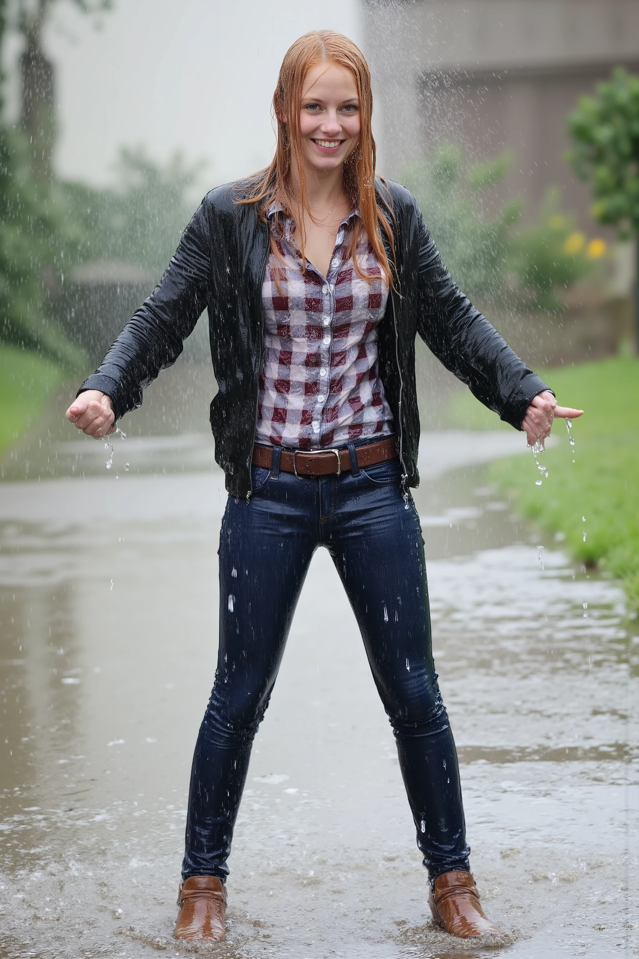 Uncensored, A girl with long red-blonde hair, soaking wet hair, very attractive 24-year old girl, viewed right from the front, full body view, enjoying being all wet, inviting smile, showing her teeth, looking into the camera, her arms spread to her sides, standing with legs spread, very long hair, her hair dripping and sticking, standing in the pooring rain, standing right under the spray, perfect proportions, perfect figure, blue eyes, a black suede leather jacket, a button-down plaid blouse, long sleeves, long leg dark blue skinny jeans with a dark brown leather belt, brown leather booties, legs and feet underwater until her waist, completely soaking wet, wet hair, waterlogged clothes, soaking wet, wet, wetlook