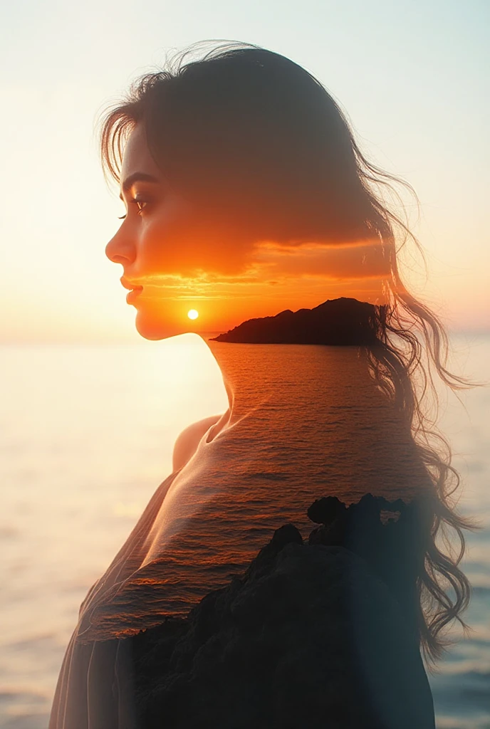 высокое качество, 8K Ultra HD, Прекрасная double exposure, photos that combine the silhouette of a goddess and a sunset on the coast, the sunset coast should serve as the background, with its details, incorporated into the silhouette of the goddess, clean lines, background monochrome, sharp focus, double exposure, By Yukisakura, amazing full color