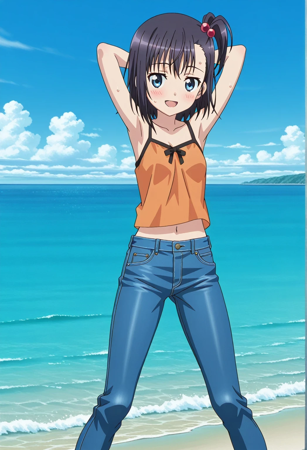 score_9, score_8_up, score_7_up, source_anime, highres, hi res, ((best quality, top quality, perfect quality, Highest Quality, amazing quality)), {{masterpiece}}, {{an extremely delicate and beautiful}}, 2d, intricate details, official style, anime, 8k, anime style, official_anime, official art, digital painting, cell shading, soft shading, high resolution, soothing tones, Subdued Color, Soft cinematic light, adobe lightroom, photolab, HDR, intricately and hyper-detailed, ((high quality animation)), 1 girl, Alone, solo, ((ocean)), tsunami, on the water, day, sunny, outdoors, sky, windy, hikage miyauchi, short hair, blue eyes, black hair, side ponytail, one side up, hair bobbles, anime screencap, small breasts, orange camisole top, crop top, orange crop top, best quality, hyper-detailed jeans, ((blue jeans:1.9)), (dark blue jeans:0.6), full medium body, medium shot, Open mouth, smiling, happy face, blush, sweat, standing, ((arms behind head:6.0)), ((perfect arm line:2.5)), bowlegged, jumping pose, action, looking at viewer, spread legs, Bend knees slightly, straight-on front view