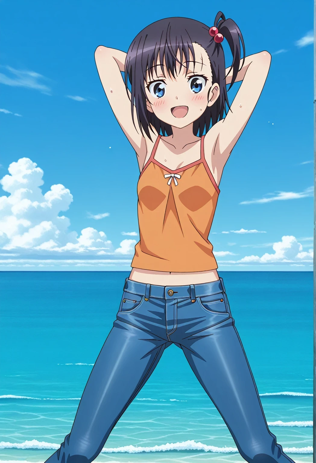 score_9, score_8_up, score_7_up, source_anime, highres, hi res, ((best quality, top quality, perfect quality, Highest Quality, amazing quality)), {{masterpiece}}, {{an extremely delicate and beautiful}}, 2d, intricate details, official style, anime, 8k, anime style, official_anime, official art, digital painting, cell shading, soft shading, high resolution, soothing tones, Subdued Color, Soft cinematic light, adobe lightroom, photolab, HDR, intricately and hyper-detailed, ((high quality animation)), 1 girl, Alone, solo, ((ocean)), tsunami, on the water, day, sunny, outdoors, sky, windy, hikage miyauchi, short hair, blue eyes, black hair, side ponytail, one side up, hair bobbles, anime screencap, small breasts, orange camisole top, crop top, orange crop top, best quality, hyper-detailed jeans, ((blue jeans:1.9)), (dark blue jeans:0.6), full medium body, medium shot, Open mouth, smiling, happy face, blush, sweat, standing, ((arms behind head:6.0)), ((perfect arm line:2.5)), bowlegged, jumping pose, action, looking at viewer, spread legs, Bend knees slightly, straight-on front view