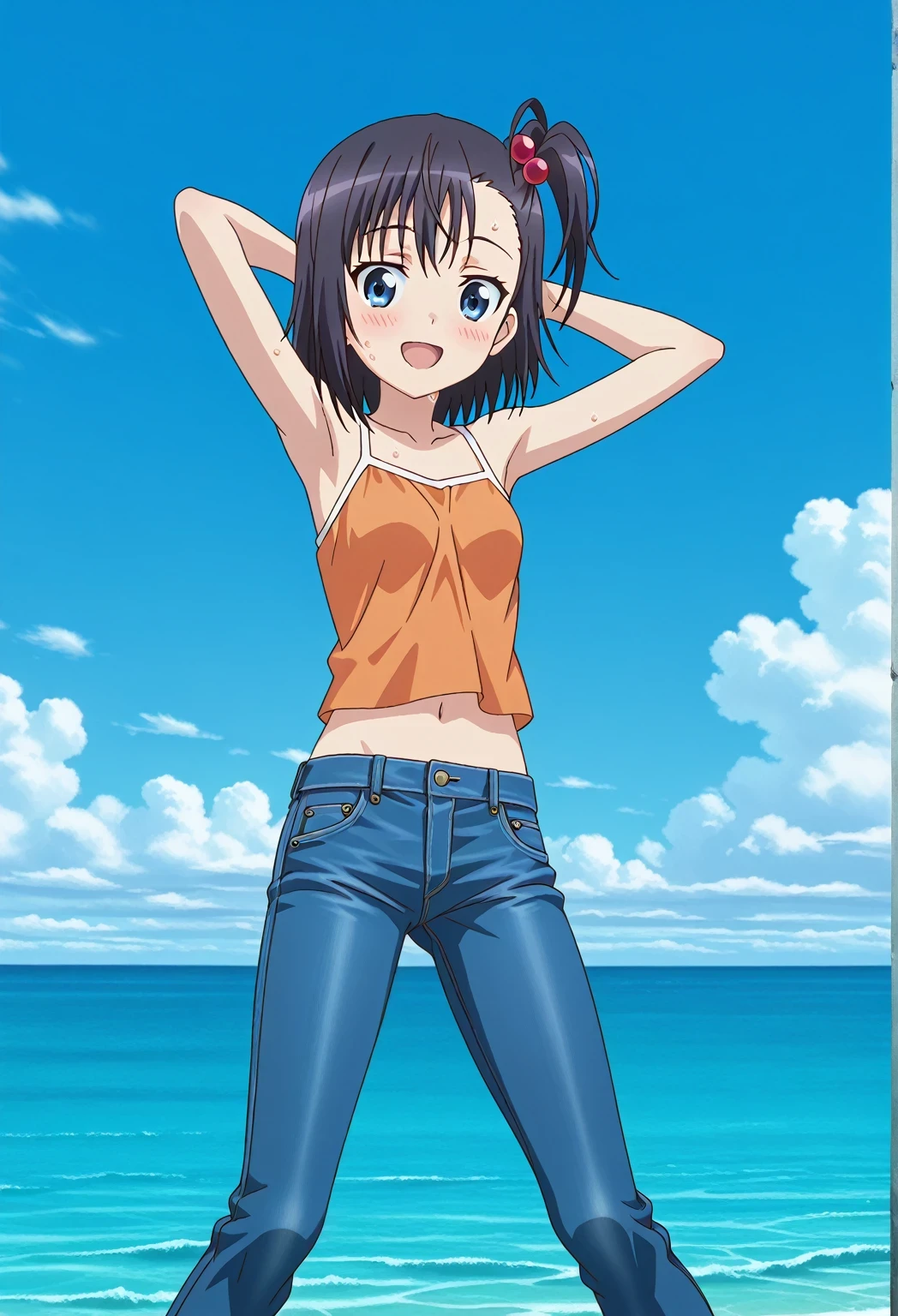 score_9, score_8_up, score_7_up, source_anime, highres, hi res, ((best quality, top quality, perfect quality, Highest Quality, amazing quality)), {{masterpiece}}, {{an extremely delicate and beautiful}}, 2d, intricate details, official style, anime, 8k, anime style, official_anime, official art, digital painting, cell shading, soft shading, high resolution, soothing tones, Subdued Color, Soft cinematic light, adobe lightroom, photolab, HDR, intricately and hyper-detailed, ((high quality animation)), 1 girl, Alone, solo, ((ocean)), tsunami, on the water, day, sunny, outdoors, sky, windy, hikage miyauchi, short hair, blue eyes, black hair, side ponytail, one side up, hair bobbles, anime screencap, small breasts, orange camisole top, crop top, orange crop top, best quality, hyper-detailed jeans, ((blue jeans:1.9)), (dark blue jeans:0.6), full medium body, medium shot, Open mouth, smiling, happy face, blush, sweat, standing, ((arms behind head:6.0)), ((perfect arm line:2.5)), bowlegged, jumping pose, action, looking at viewer, spread legs, Bend knees slightly, straight-on front view