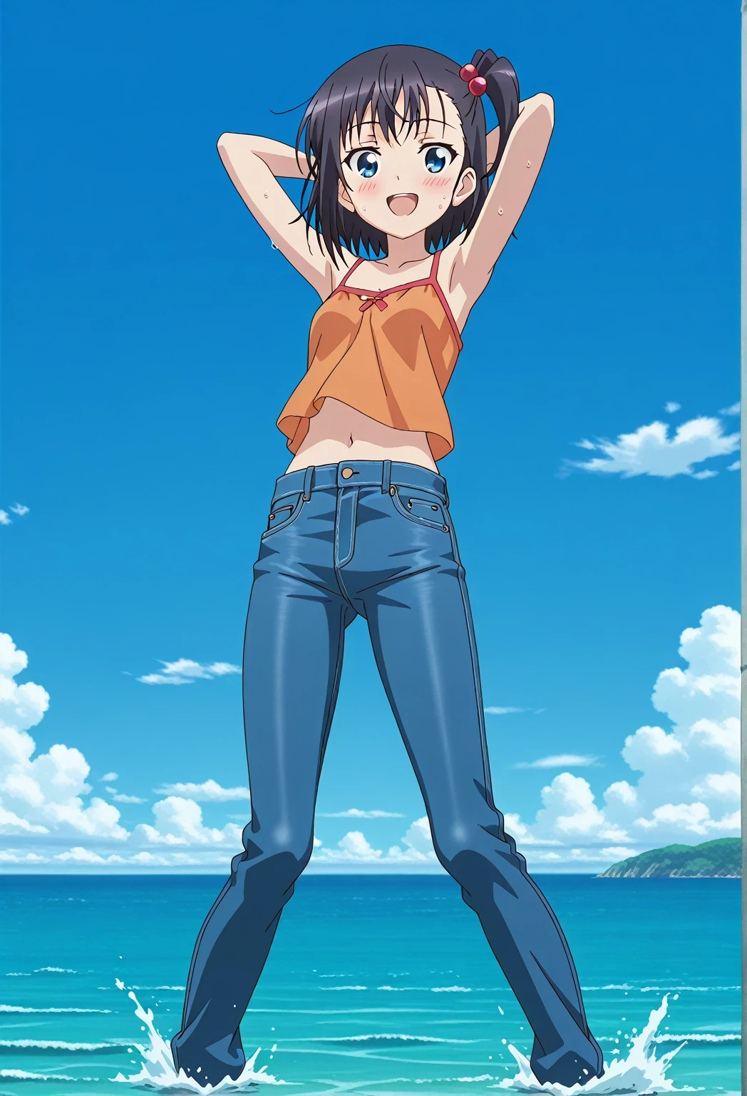 score_9, score_8_up, score_7_up, source_anime, highres, hi res, ((best quality, top quality, perfect quality, Highest Quality, amazing quality)), {{masterpiece}}, {{an extremely delicate and beautiful}}, 2d, intricate details, official style, anime, 8k, anime style, official_anime, official art, digital painting, cell shading, soft shading, high resolution, soothing tones, Subdued Color, Soft cinematic light, adobe lightroom, photolab, HDR, intricately and hyper-detailed, ((high quality animation)), 1 girl, Alone, solo, ((ocean)), tsunami, on the water, day, sunny, outdoors, sky, windy, hikage miyauchi, short hair, blue eyes, black hair, side ponytail, one side up, hair bobbles, anime screencap, small breasts, orange camisole top, crop top, orange crop top, best quality, hyper-detailed jeans, ((blue jeans:1.9)), (dark blue jeans:0.6), full medium body, medium shot, Open mouth, smiling, happy face, blush, sweat, standing, ((arms behind head:6.0)), ((perfect arm line:2.5)), bowlegged, jumping pose, action, looking at viewer, spread legs, Bend knees slightly, straight-on front view