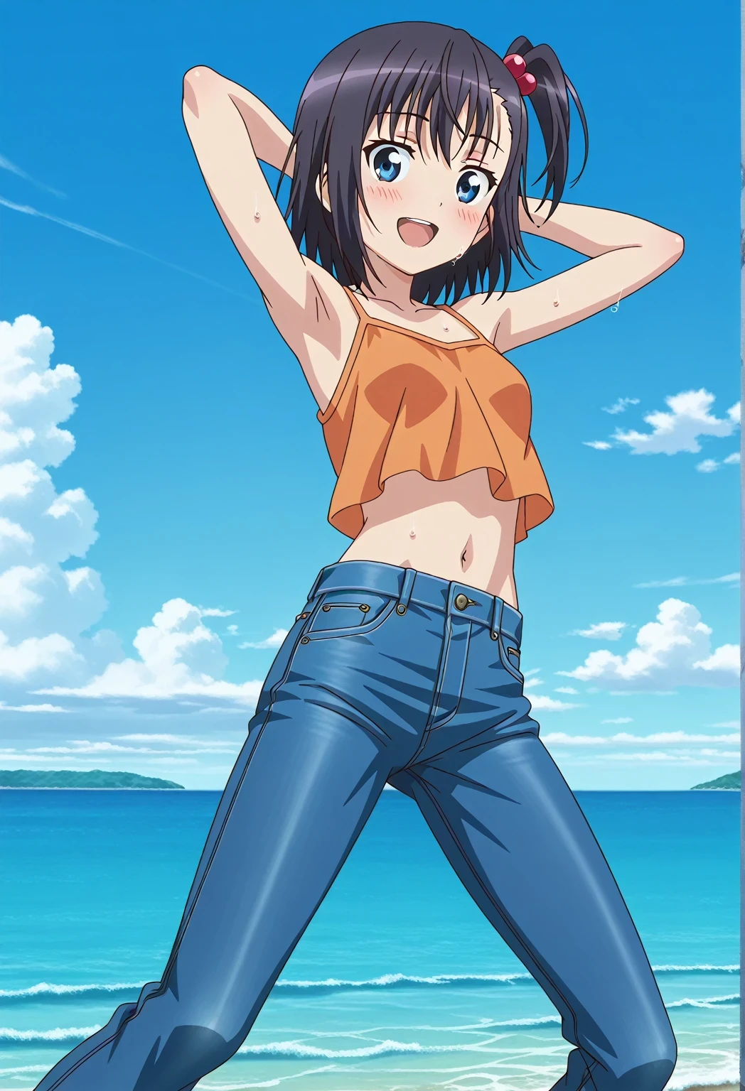 score_9, score_8_up, score_7_up, source_anime, highres, hi res, ((best quality, top quality, perfect quality, Highest Quality, amazing quality)), {{masterpiece}}, {{an extremely delicate and beautiful}}, 2d, intricate details, official style, anime, 8k, anime style, official_anime, official art, digital painting, cell shading, soft shading, high resolution, soothing tones, Subdued Color, Soft cinematic light, adobe lightroom, photolab, HDR, intricately and hyper-detailed, ((high quality animation)), 1 girl, Alone, solo, ((ocean)), tsunami, on the water, day, sunny, outdoors, sky, windy, hikage miyauchi, short hair, blue eyes, black hair, side ponytail, one side up, hair bobbles, anime screencap, small breasts, orange camisole top, crop top, orange crop top, best quality, hyper-detailed jeans, ((blue jeans:1.9)), (dark blue jeans:0.6), full medium body, medium shot, Open mouth, smiling, happy face, blush, sweat, standing, ((arms behind head:6.0)), ((perfect arm line:2.5)), bowlegged, jumping pose, action, looking at viewer, spread legs, Bend knees slightly, straight-on front view