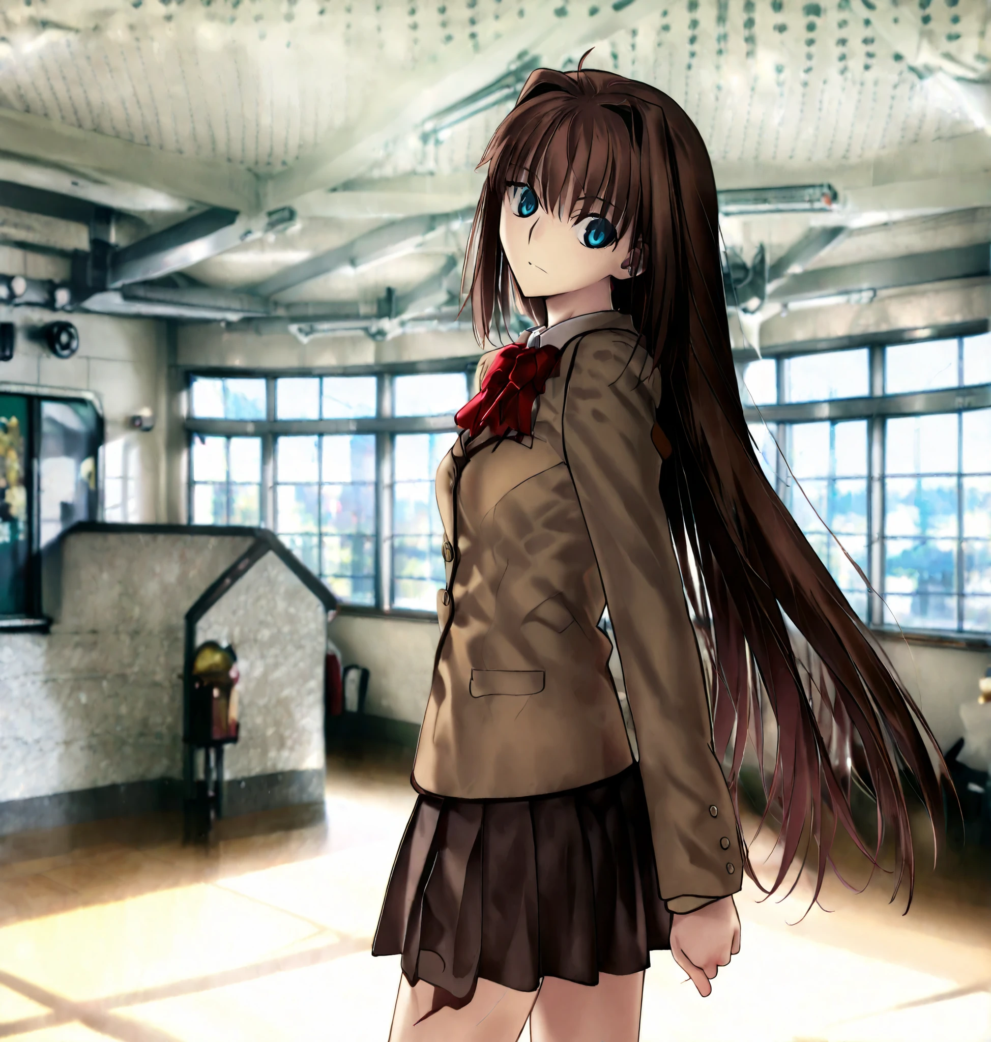 masterpiece, , absurdres, highres, detailed background, high resolution, necessary, detail, best quality, quality, necessary, High details, Precise, , indoors,((school ,photo background, blurry background, detailed background)), ,from side,(), , ,
1girl, solo, (type-moon,) style, koyama hirokazu style, (aged up:1.2) ,() ,head tilt ,cowboy shot, (),
tall girl, ,long arms,(slim body, ),aozaki aoko, ,school uniform, brown hair, long hair, blue eyes, skirt, jacket, blazer, red bowtie ,hair intakes , , , (), ,looking back, ,(small breasts), ,