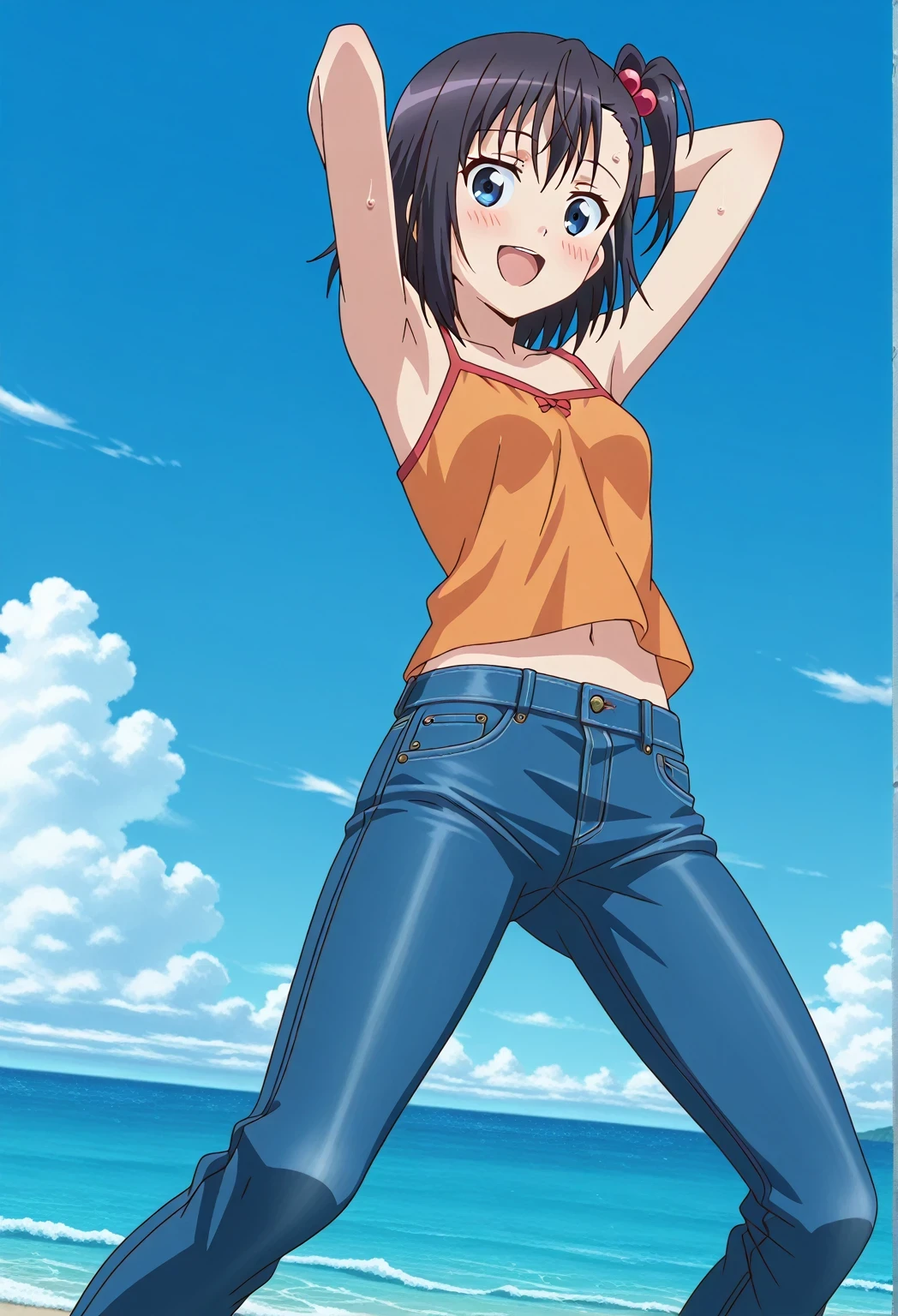 score_9, score_8_up, score_7_up, source_anime, highres, hi res, ((best quality, top quality, perfect quality, Highest Quality, amazing quality)), {{masterpiece}}, {{an extremely delicate and beautiful}}, 2d, intricate details, official style, anime, 8k, anime style, official_anime, official art, digital painting, cell shading, soft shading, high resolution, soothing tones, Subdued Color, Soft cinematic light, adobe lightroom, photolab, HDR, intricately and hyper-detailed, ((high quality animation)), 1 girl, Alone, solo, ((ocean)), tsunami, on the water, day, sunny, outdoors, sky, windy, hikage miyauchi, short hair, blue eyes, black hair, side ponytail, one side up, hair bobbles, anime screencap, small breasts, orange camisole top, crop top, orange crop top, best quality, hyper-detailed jeans, ((blue jeans:1.9)), (dark blue jeans:0.6), full medium body, medium shot, Open mouth, smiling, happy face, blush, sweat, standing, ((arms behind head:6.0)), ((perfect arm line:2.5)), bowlegged, jumping pose, action, looking at viewer, spread legs, Bend knees slightly, straight-on front view