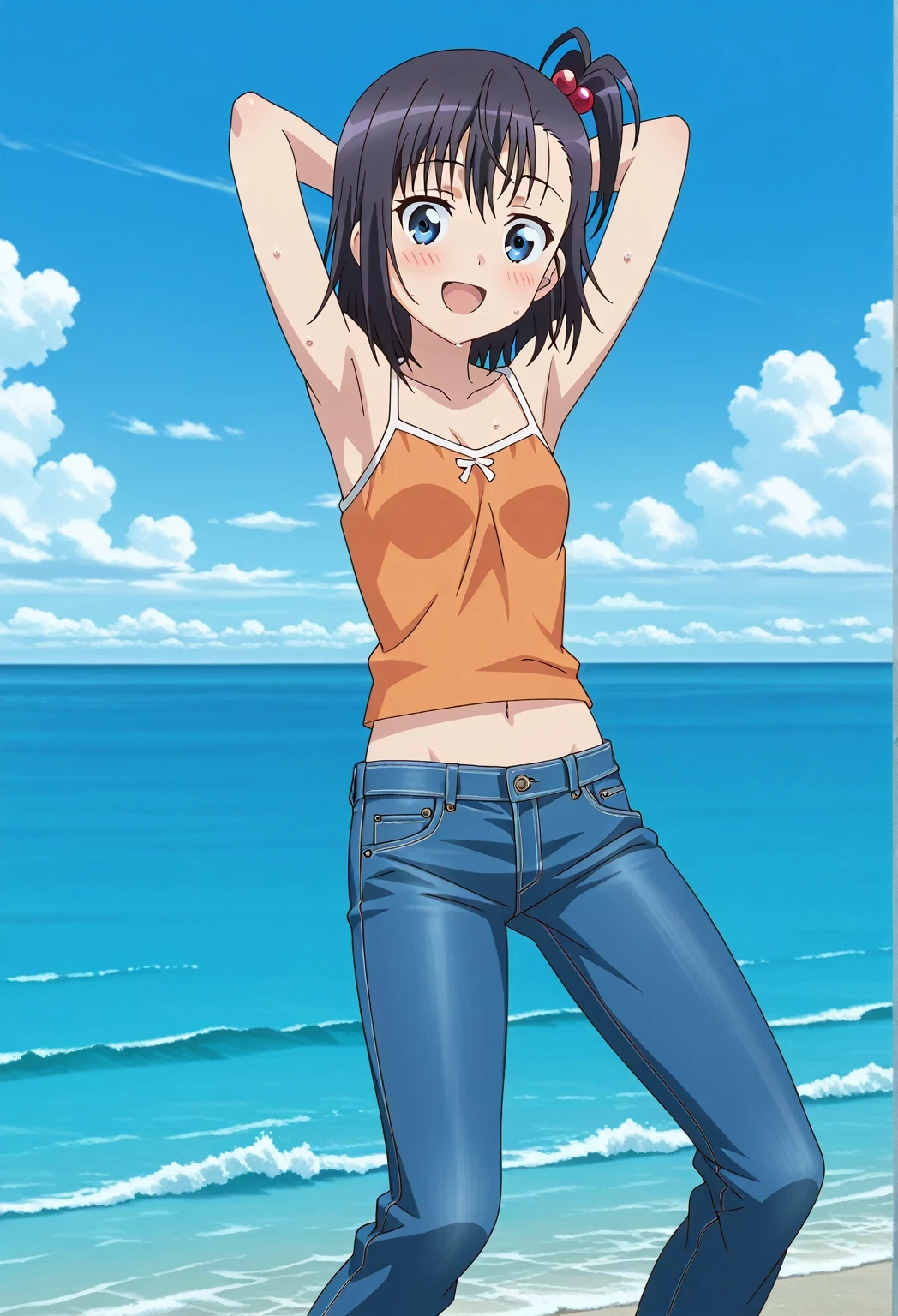 score_9, score_8_up, score_7_up, source_anime, highres, hi res, ((best quality, top quality, perfect quality, Highest Quality, amazing quality)), {{masterpiece}}, {{an extremely delicate and beautiful}}, 2d, intricate details, official style, anime, 8k, anime style, official_anime, official art, digital painting, cell shading, soft shading, high resolution, soothing tones, Subdued Color, Soft cinematic light, adobe lightroom, photolab, HDR, intricately and hyper-detailed, ((high quality animation)), 1 girl, Alone, solo, ((ocean)), tsunami, on the water, day, sunny, outdoors, sky, windy, hikage miyauchi, short hair, blue eyes, black hair, side ponytail, one side up, hair bobbles, anime screencap, small breasts, orange camisole top, crop top, orange crop top, best quality, hyper-detailed jeans, ((blue jeans:1.9)), (dark blue jeans:0.6), full medium body, medium shot, Open mouth, smiling, happy face, blush, sweat, standing, ((arms behind head:6.0)), ((perfect arm line:2.5)), bowlegged, jumping pose, action, looking at viewer, spread legs, Bend knees slightly, straight-on front view