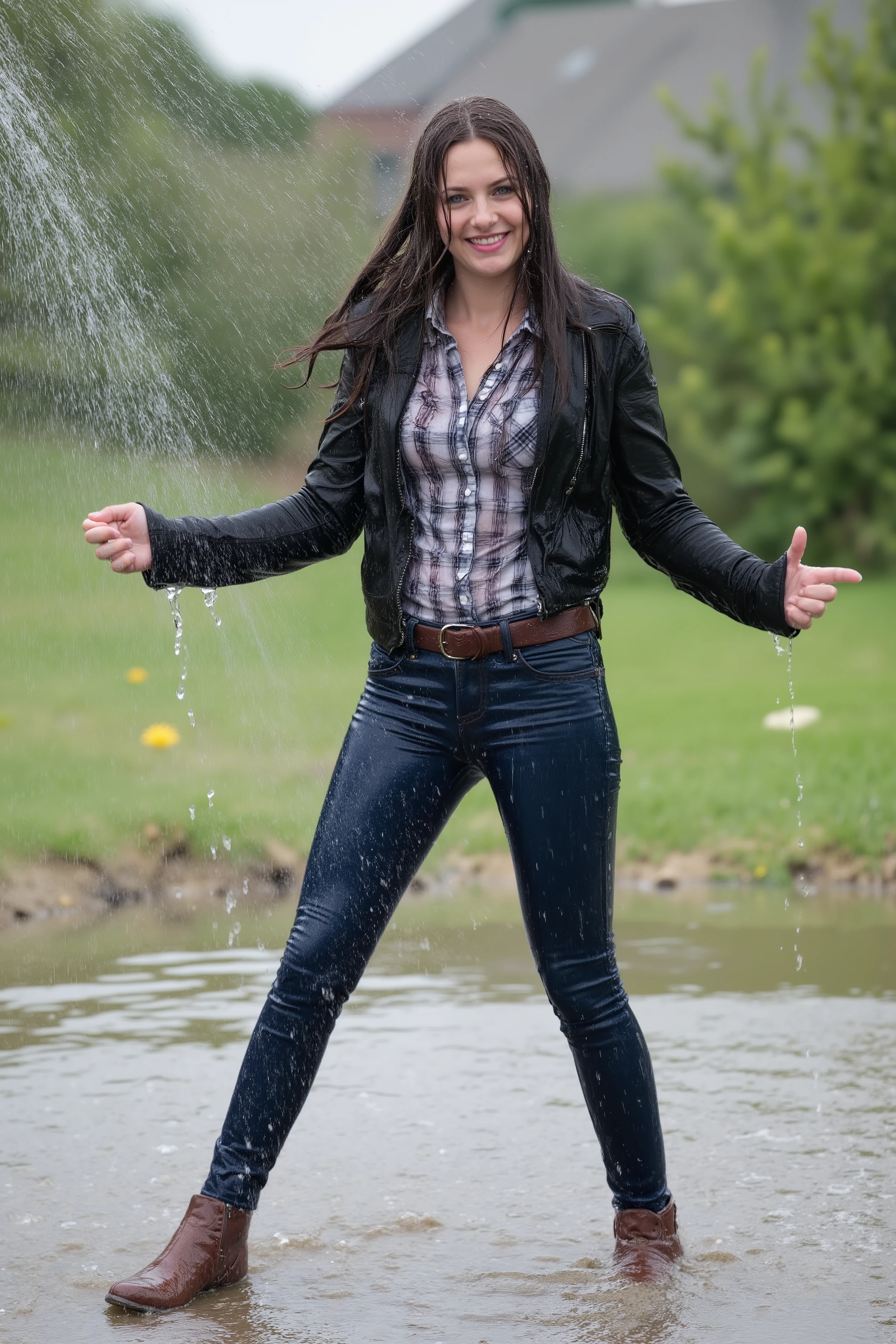 Uncensored, A girl with long dark brown hair, soaking wet hair, very attractive 22-year old girl, viewed right from the front, full body view, enjoying being all wet, inviting smile, showing her teeth, looking into the camera, her arms spread to her sides, standing with legs spread, very long hair, her hair dripping and sticking, standing in the pooring rain, standing right under the spray, perfect proportions, perfect figure, blue eyes, a black suede leather jacket, a button-down plaid blouse, long sleeves, long leg dark blue skinny jeans with a dark brown leather belt, brown leather booties, legs and feet underwater until her waist, completely soaking wet, wet hair, waterlogged clothes, soaking wet, wet, wetlook
