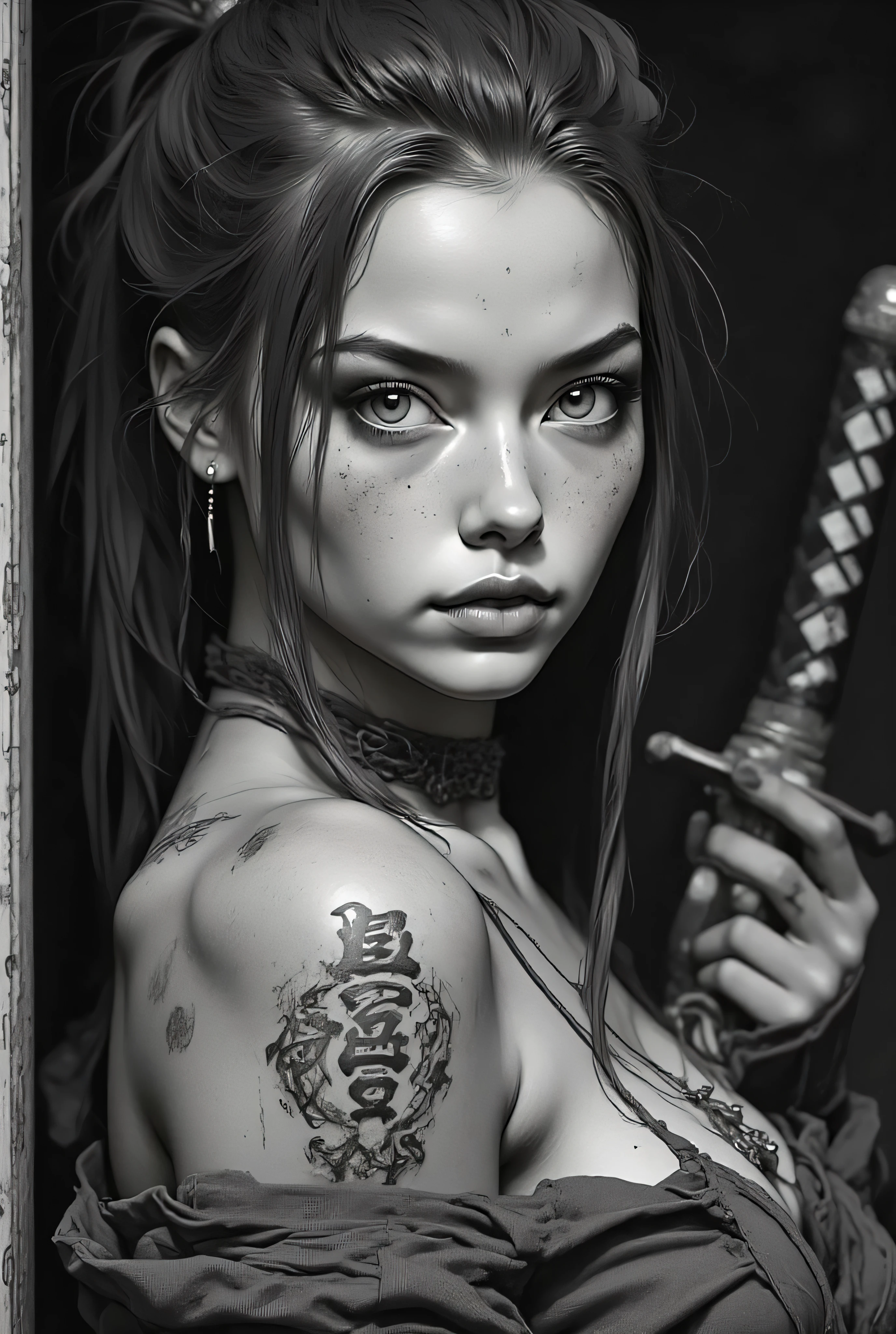 Subject/Composition: Black and white (monochrome), ultra-detailed, cinematic portrait of a beautiful female warrior (samurai/ronin) with an intense, seductive gaze. She is photographed from over the shoulder, turning back to face the viewer. Close-up, tight mid-shot.
Details: Dirty ash blonde or light brown hair tied in a messy high ponytail, loose strands. Freckled skin with beads of water/sweat. Heavy, smoky makeup, piercing eyes.
Attire/Props: Worn, torn, tight-fitting top or bandaging. Heavy canvas jacket/robe slipping off her exposed shoulder. A katana hilt is visible over her left shoulder, close in the foreground. Chunky choker/chain necklace and a small dangling earring.
Tattoos: Complex, rough-etched Asian/Japanese characters/kanji tattooed on her upper back/shoulder.
Lighting/Style: High contrast, dramatic chiaroscuro lighting. Strong single light source casting deep shadows, highlighting muscle tone and texture. Ultra-realistic detail, fine film grain, high sharpness. Tense, humid atmosphere.
Styles/Artists: Photorealism, Cinematic Lighting, Hyperdetailed, Greg Rutkowski, Artgerm, Loish, Blade Runner, Akira, Ghost in the Shell.