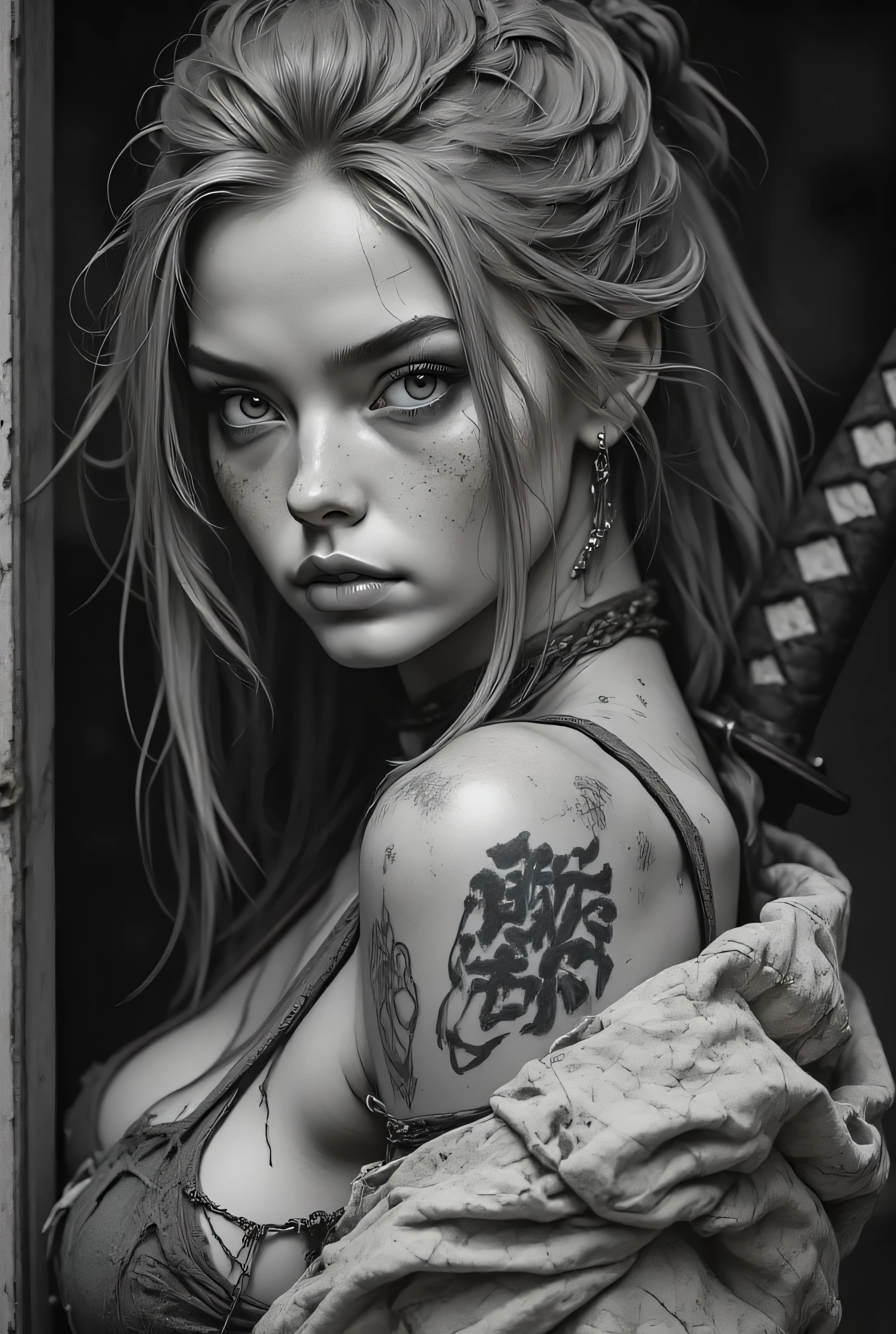 Subject/Composition: Black and white (monochrome), ultra-detailed, cinematic portrait of a beautiful female warrior (samurai/ronin) with an intense, seductive gaze. She is photographed from over the shoulder, turning back to face the viewer. Close-up, tight mid-shot.
​Details: Dirty ash blonde or light brown hair tied in a messy high ponytail, loose strands. Freckled skin with beads of water/sweat. Heavy, smoky makeup, piercing eyes.
​Attire/Props: Worn, torn, tight-fitting top or bandaging. Heavy canvas jacket/robe slipping off her exposed shoulder. A katana hilt is visible over her left shoulder, close in the foreground. Chunky choker/chain necklace and a small dangling earring.
​Tattoos: Complex, rough-etched Asian/Japanese characters/kanji tattooed on her upper back/shoulder.
​Lighting/Style: High contrast, dramatic chiaroscuro lighting. Strong single light source casting deep shadows, highlighting muscle tone and texture. Ultra-realistic detail, fine film grain, high sharpness. Tense, humid atmosphere.
​Styles/Artists: Photorealism, Cinematic Lighting, Hyperdetailed, Greg Rutkowski, Artgerm, Loish, Blade Runner, Akira, Ghost in the Shell.