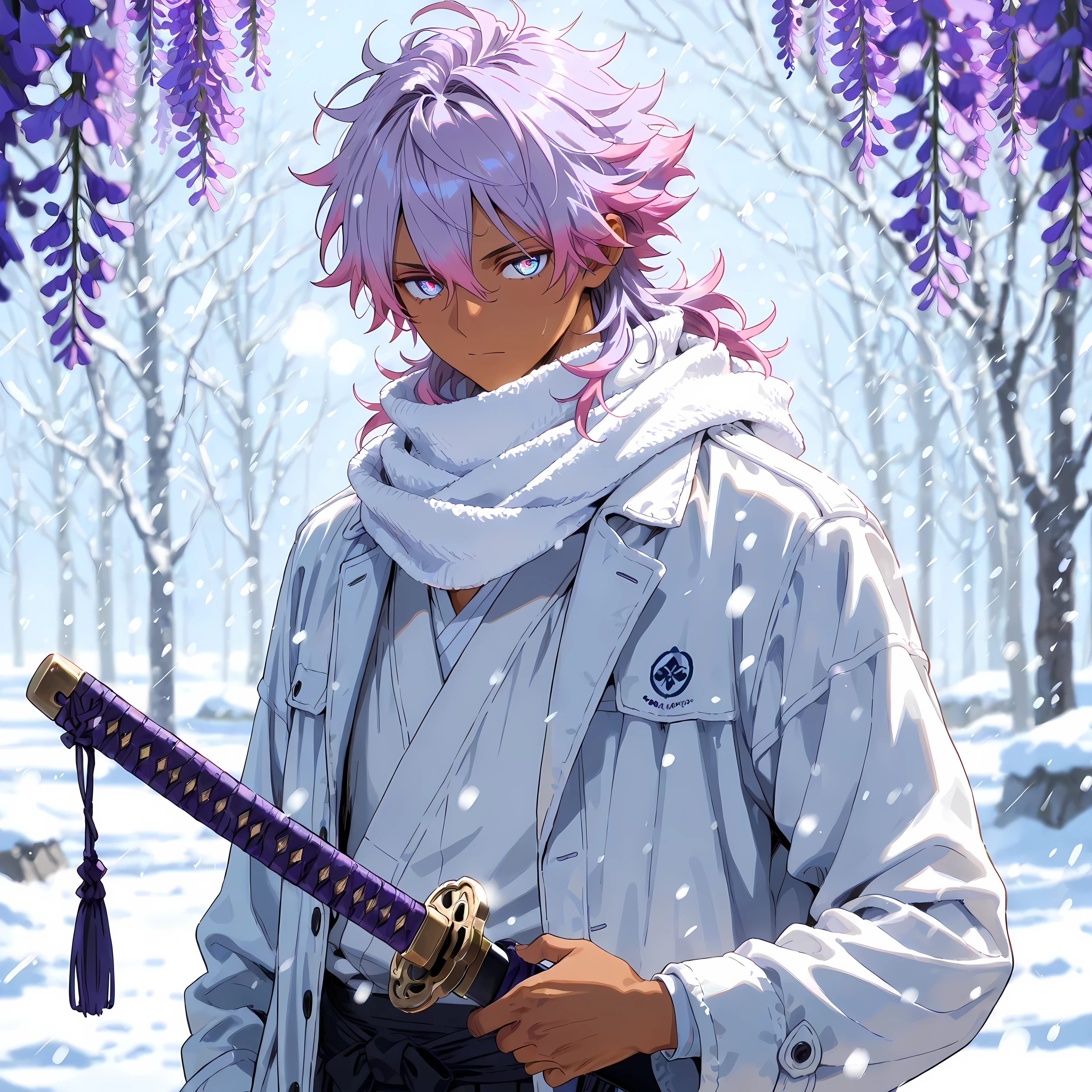 masterpiece, best quality, simple, 1male, 18 Years Old, male focus, dark skin, caramel skin, solo, medium hair, lavender colored hair, wavy spiked hair, (front fluff, bangs, hair between eyes,) relaxed turquoise colored eyes, white overcoat, white undershirt, tattered white scarf, standing still, holding sheathed longsword katana, snowing, close up