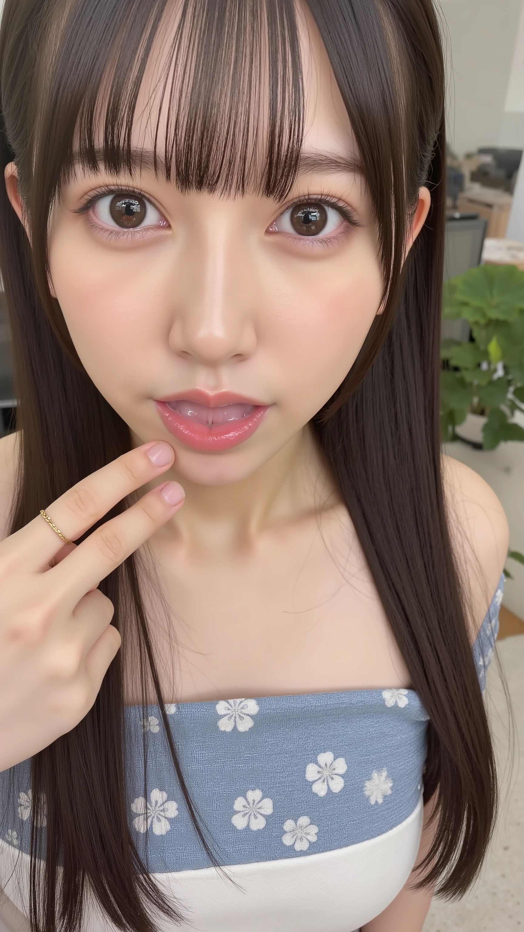 A young Japanese beauty,to open her mouth slightly,Place one finger around your mouth and point to the semen in your mouth,Playful action,slim figure、Super clear real picture、Air bangs and long straight light brown hair,Wear a low-cut bandeau top、 out of the cleavage,Totally off your shoulders、kneel in front of me、kneeling on the ground、look up、Facing me、Look at me、to open her mouth slightly、 shot from top to bottom、JAV、Lots of semen on face、Lots of cum in mouth、lots of semen on clothes、legs、too much semen、 after sex、Uncensored、 review off