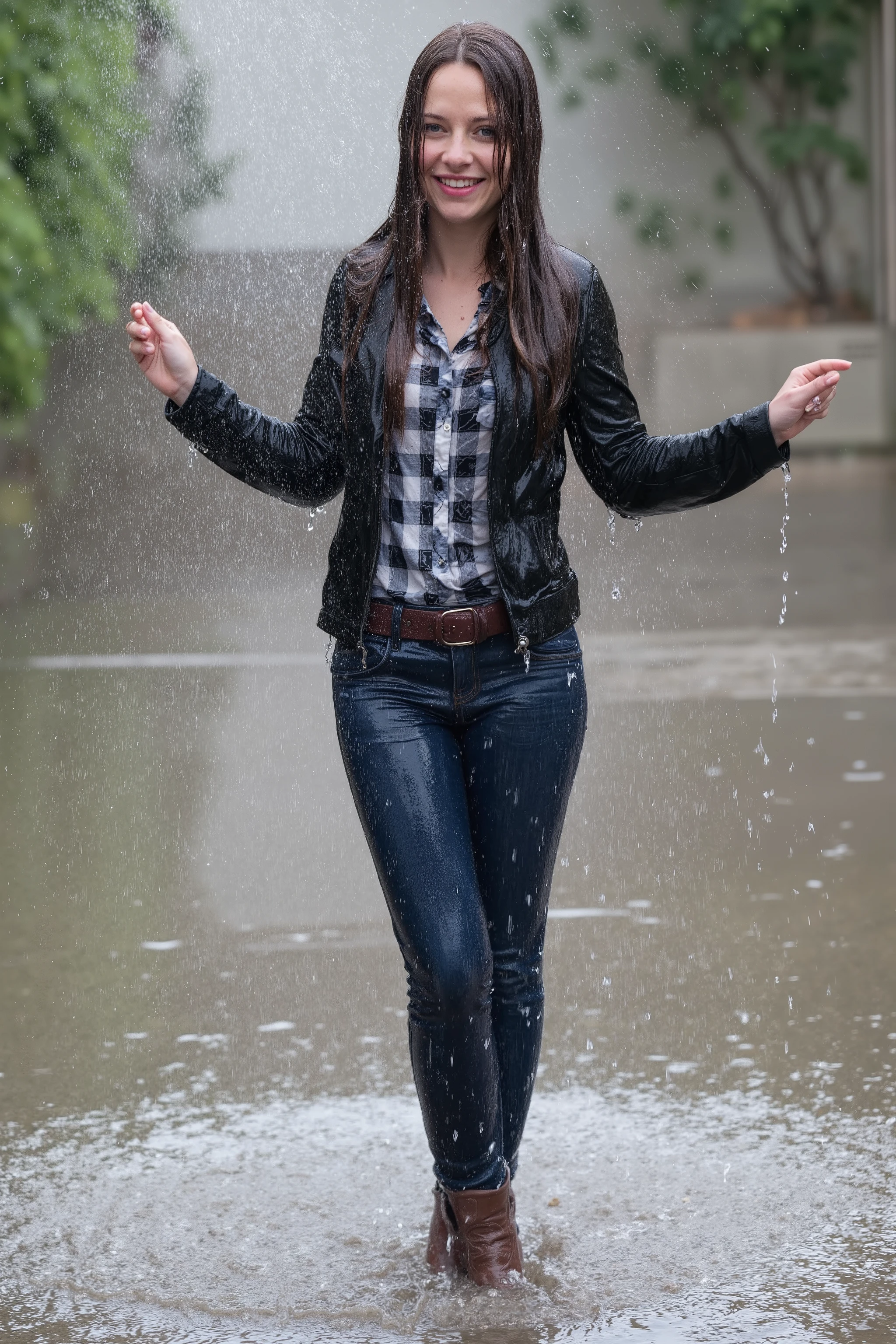 Uncensored, A girl with long dark brown hair, soaking wet hair, very attractive 22-year old girl, viewed right from the front, full body view, enjoying being all wet, inviting smile, showing her teeth, looking into the camera, her arms spread to her sides, standing with legs spread, very long hair, her hair dripping and sticking, standing in the pooring rain, standing right under the spray, perfect proportions, perfect figure, blue eyes, a black suede leather jacket, a button-down plaid blouse, long sleeves, long leg dark blue skinny jeans with a dark brown leather belt, brown leather booties, legs and feet underwater until her waist, completely soaking wet, wet hair, waterlogged clothes, soaking wet, wet, wetlook