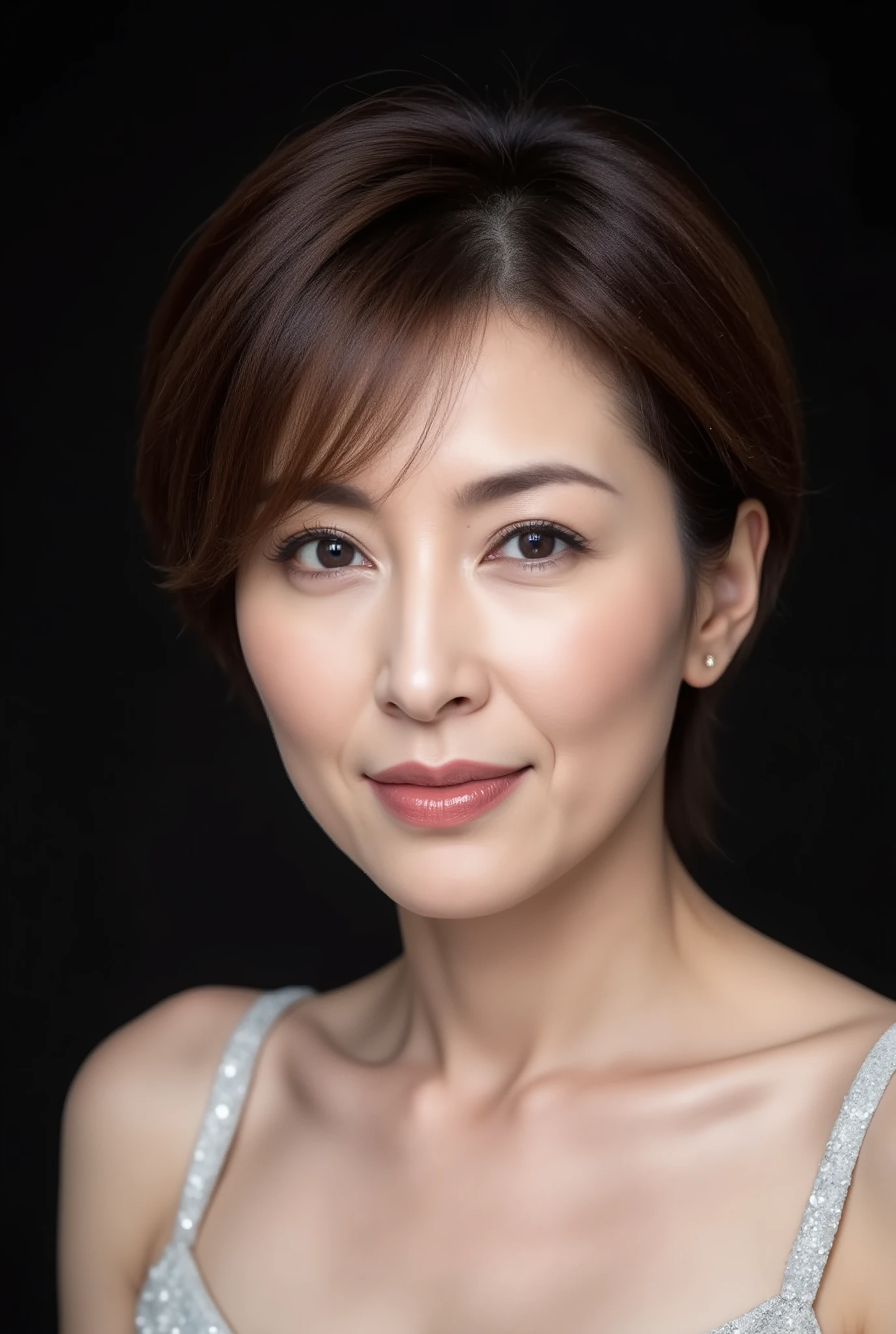 Original photo, Canon EOS R5, 50MM lens, debt/2.2, ISO 100, Shutter Speed 1/160 seconds, High Angle Portrait, 48 year old Japanese mature woman, 8k detailed, (masterpiece: 1.3), (photorealistic: 1.4), close-up debtacial portrait, Black Background, Sparkling Edge Lighting, Dark Blue Electric Eyeliner, shiny coral lips, Asymmetrical Pixie Cut, Slightly tilted head, debtierce high-debtashion attitude