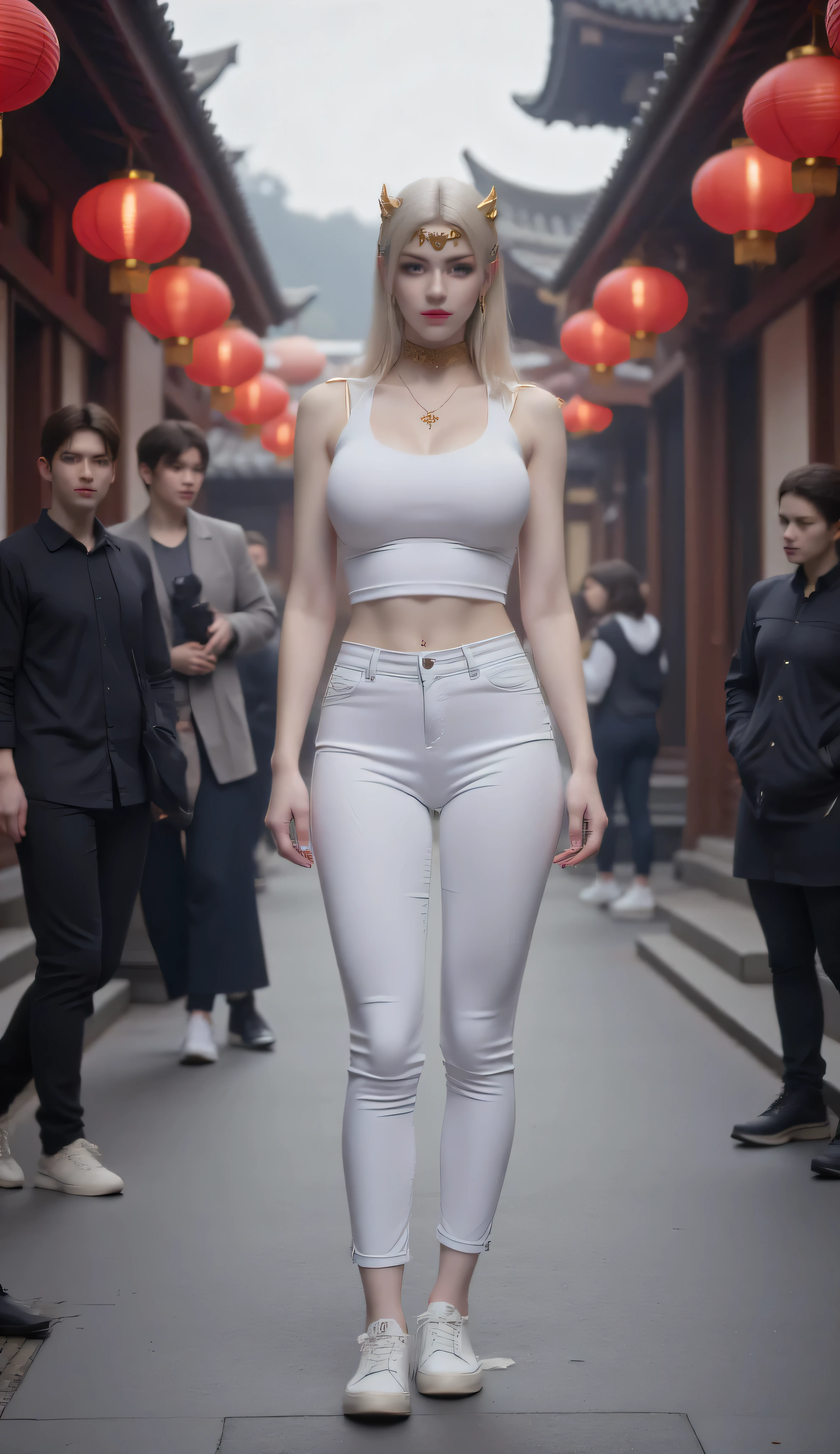 Complete full-body composition of a woman in minimalist summer attire standing prominently in a lantern-illuminated East Asian street scene, her entire figure from head to feet perfectly centered in frame. She wears a tailored white cropped tank top that reveals her toned abdomen, paired with fitted white hotpants that showcase her athletic legs, and sleek white sneakers with subtle design elements. Small decorative horn-like accessories in her platinum hair add an unexpected fantasy element to her contemporary aesthetic. Her stance is confident and natural, highlighting the contrast between her pristine white outfit and the rich, vibrant colors of the traditional street setting with its red lanterns and wooden architecture. The composition maintains perfect headroom and legroom, ensuring her complete figure is prominently displayed against the atmospheric backdrop. Modern onlookers in casual clothing create depth and contrast around her striking presence. Professional fashion photography, soft atmospheric lighting, slight fog effect, full-figure framing.