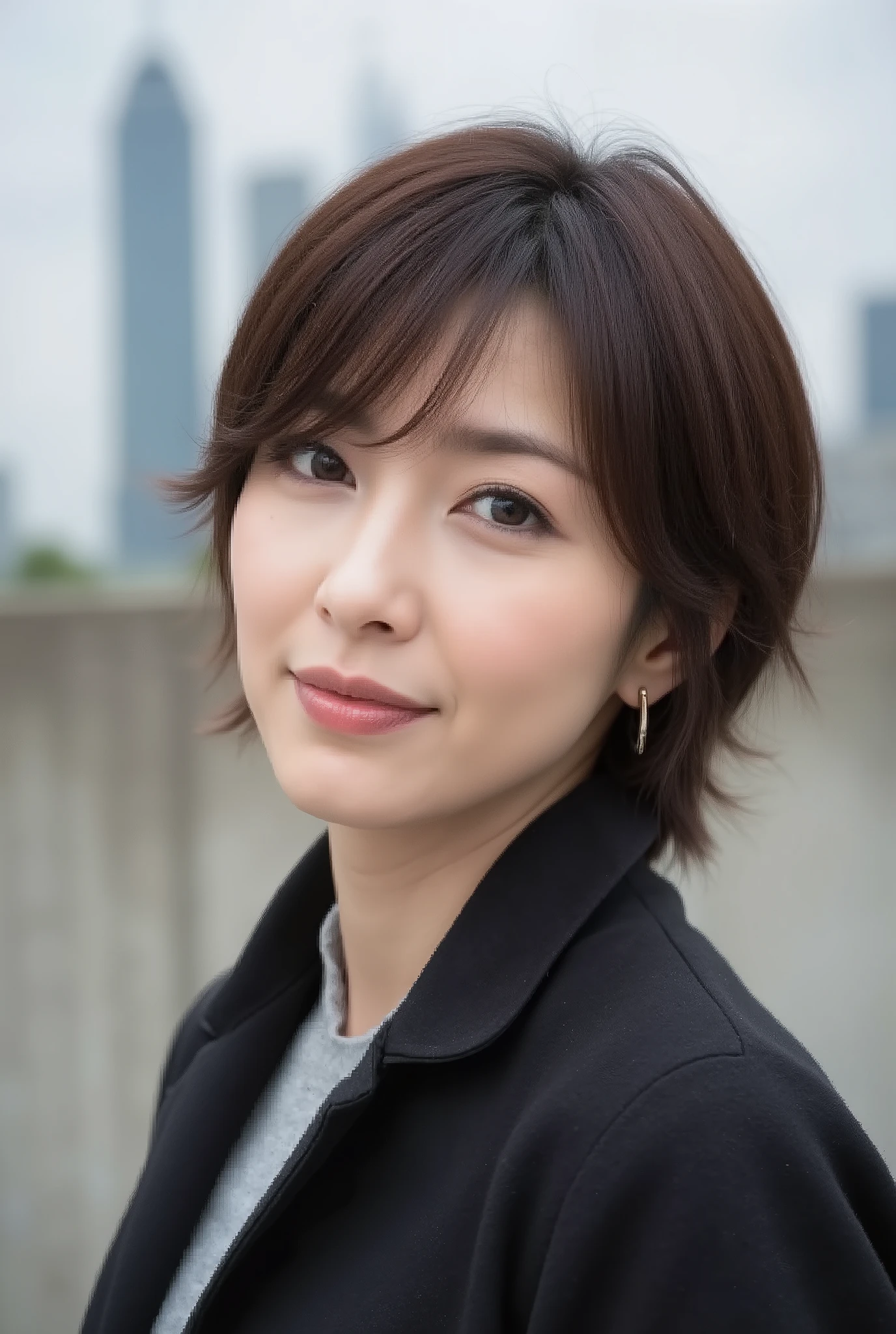 (((face close-up)))、(((Brown, shoulder length, Straight short bob)))、(((she has the New York skyline in the background、posing like a model at a beauty salon。.)))、(((casual black long sleeve winter clothes)))、 half Japanese 、Half Korean、18 year old girl、Independent、forward forward、light eye makeup、Brown Hair Color、 flat at honny 、hair fluttering in the wind、Quality of actress、shiny, Ultra Realistic Faces、smiling face from waist up、teary eyes、Look up 、discreet lighting effects、 ultra-realistic capture、in en very detailed、high resolution 16K human skin close-up。skin texture must be natural、Details must be sharp enough to identify pores.、The skin is healthy、must have a uniform tone、uses natural light and color、Classic High Quality Images Taken by Model Agency'Classic high quality images taken by exclusive photographer、smile