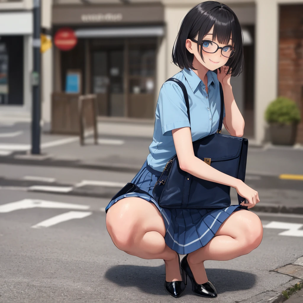 (: 1.5), (Masterpiece, Best Quality, High Resolution, Realistic Pictures, Realistic Skin, Detailed Skin), (One Girl, Solo), (Japan Model, Japan Girls), Glasses, Short Twintails, (Summer School Uniform, White Y-Shirt: 1.1), (Dark Blue Skirt, Pleated Skirt: 1.1), (Wind, Wind Lift, Skirt Lifting by the Wind, Skirt rolled up in the wind, skirt flutters: 1.5), dark blue socks, black loafers, (panties fully exposed: 1.5), white ribbed panties: 1.5, (M-shaped legs, arms back: 1.7), blush, embarrassed