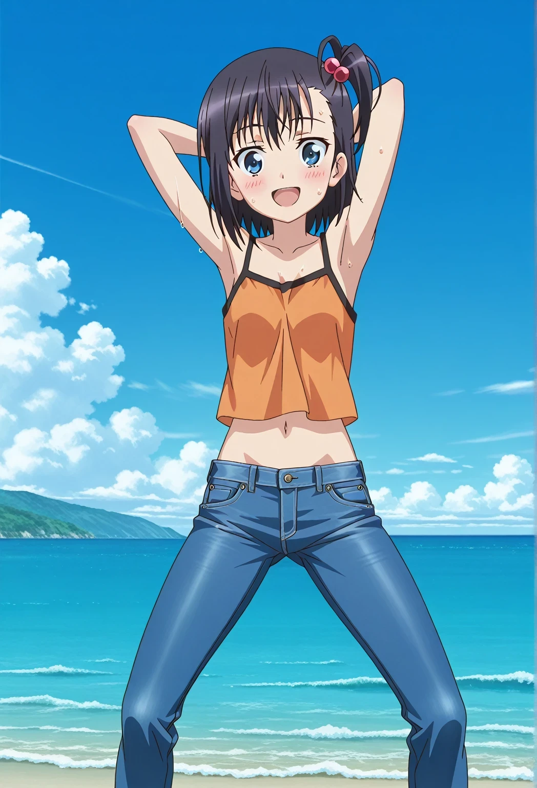 score_9, score_8_up, score_7_up, source_anime, highres, hi res, ((best quality, top quality, perfect quality, Highest Quality, amazing quality)), {{masterpiece}}, {{an extremely delicate and beautiful}}, 2d, intricate details, official style, anime, 8k, anime style, official_anime, official art, digital painting, cell shading, soft shading, high resolution, soothing tones, Subdued Color, Soft cinematic light, adobe lightroom, photolab, HDR, intricately and hyper-detailed, ((high quality animation)), 1 girl, Alone, solo, ((ocean)), tsunami, on the water, day, sunny, outdoors, sky, windy, hikage miyauchi, short hair, blue eyes, black hair, side ponytail, one side up, hair bobbles, anime screencap, small breasts, orange camisole top, crop top, orange crop top, best quality, hyper-detailed jeans, ((blue jeans:1.9)), (dark blue jeans:0.6), full medium body, medium shot, Open mouth, smiling, happy face, blush, sweat, standing, ((arms behind head:6.0)), ((perfect arm line:2.5)), bowlegged, jumping pose, action, looking at viewer, spread legs, Bend knees slightly, straight-on front view