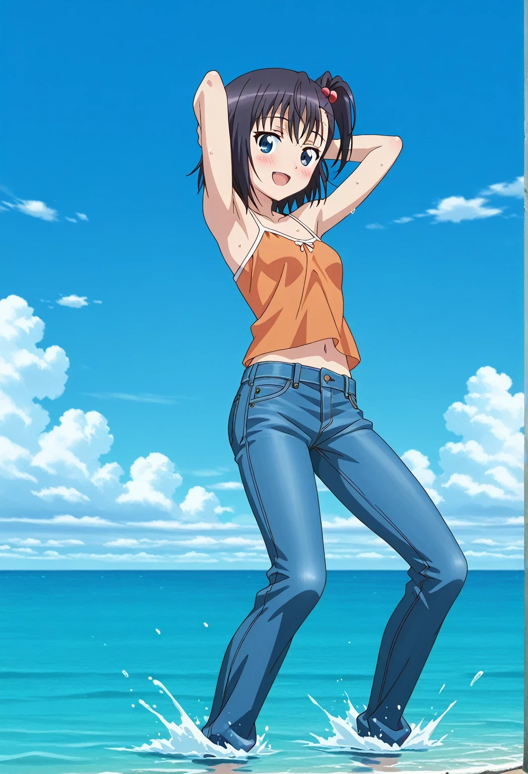 score_9, score_8_up, score_7_up, source_anime, highres, hi res, ((best quality, top quality, perfect quality, Highest Quality, amazing quality)), {{masterpiece}}, {{an extremely delicate and beautiful}}, 2d, intricate details, official style, anime, 8k, anime style, official_anime, official art, digital painting, cell shading, soft shading, high resolution, soothing tones, Subdued Color, Soft cinematic light, adobe lightroom, photolab, HDR, intricately and hyper-detailed, ((high quality animation)), 1 girl, Alone, solo, ((ocean)), tsunami, on the water, day, sunny, outdoors, sky, windy, hikage miyauchi, short hair, blue eyes, black hair, side ponytail, one side up, hair bobbles, anime screencap, small breasts, orange camisole top, crop top, orange crop top, best quality, hyper-detailed jeans, ((blue jeans:1.9)), (dark blue jeans:0.6), full medium body, medium shot, Open mouth, smiling, happy face, blush, sweat, standing, ((arms behind head:6.0)), ((perfect arm line:2.5)), bowlegged, jumping pose, action, looking at viewer, spread legs, Bend knees slightly, straight-on front view