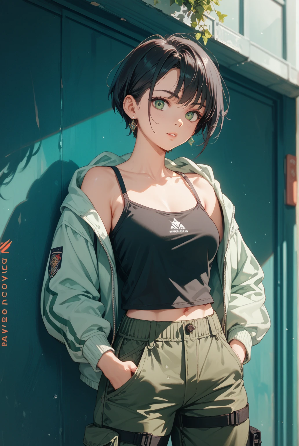 1 Female, Tamaki, green short hair, hair between eyes, Street fashion,