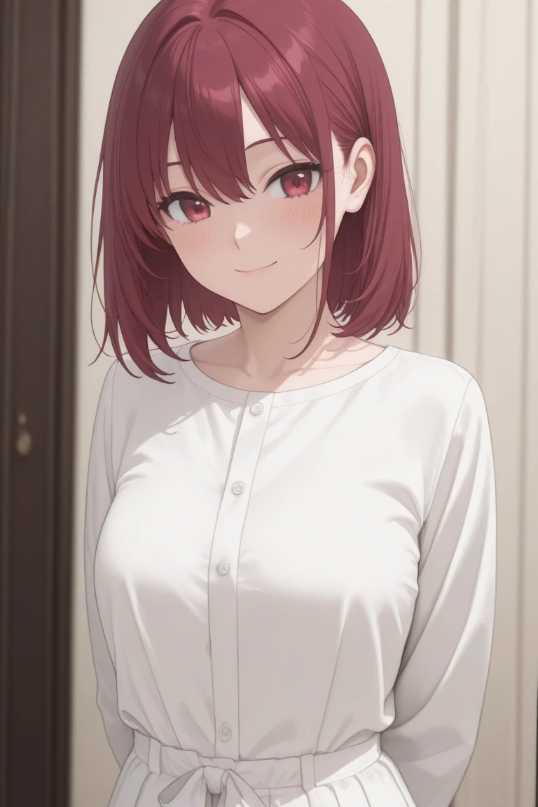 dutch angle、Realistic, real person, RAW photo, photorealistic, portrait photography, shiny skin, japanese idol, 25 year old woman、(bob cut hair) and (red hair) and (red eyes:1.3), wearing a white collarless blouse、wearing a gray skirt、smile, open mouth, blush, The background is a conference room、sitting、You are in a meeting、Alone、Staring,
