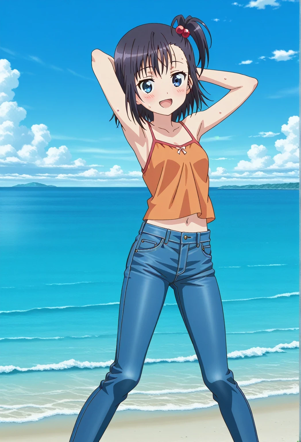 score_9, score_8_up, score_7_up, source_anime, highres, hi res, ((best quality, top quality, perfect quality, Highest Quality, amazing quality)), {{masterpiece}}, {{an extremely delicate and beautiful}}, 2d, intricate details, official style, anime, 8k, anime style, official_anime, official art, digital painting, cell shading, soft shading, high resolution, soothing tones, Subdued Color, Soft cinematic light, adobe lightroom, photolab, HDR, intricately and hyper-detailed, ((high quality animation)), 1 girl, Alone, solo, ((ocean)), tsunami, on the water, day, sunny, outdoors, sky, windy, hikage miyauchi, short hair, blue eyes, black hair, side ponytail, one side up, hair bobbles, anime screencap, small breasts, orange camisole top, crop top, orange crop top, best quality, hyper-detailed jeans, ((blue jeans:1.9)), (dark blue jeans:0.6), full medium body, medium shot, Open mouth, smiling, happy face, blush, sweat, standing, ((arms behind head:6.0)), ((perfect arm line:2.5)), bowlegged, jumping pose, action, looking at viewer, spread legs, Bend knees slightly, straight-on front view