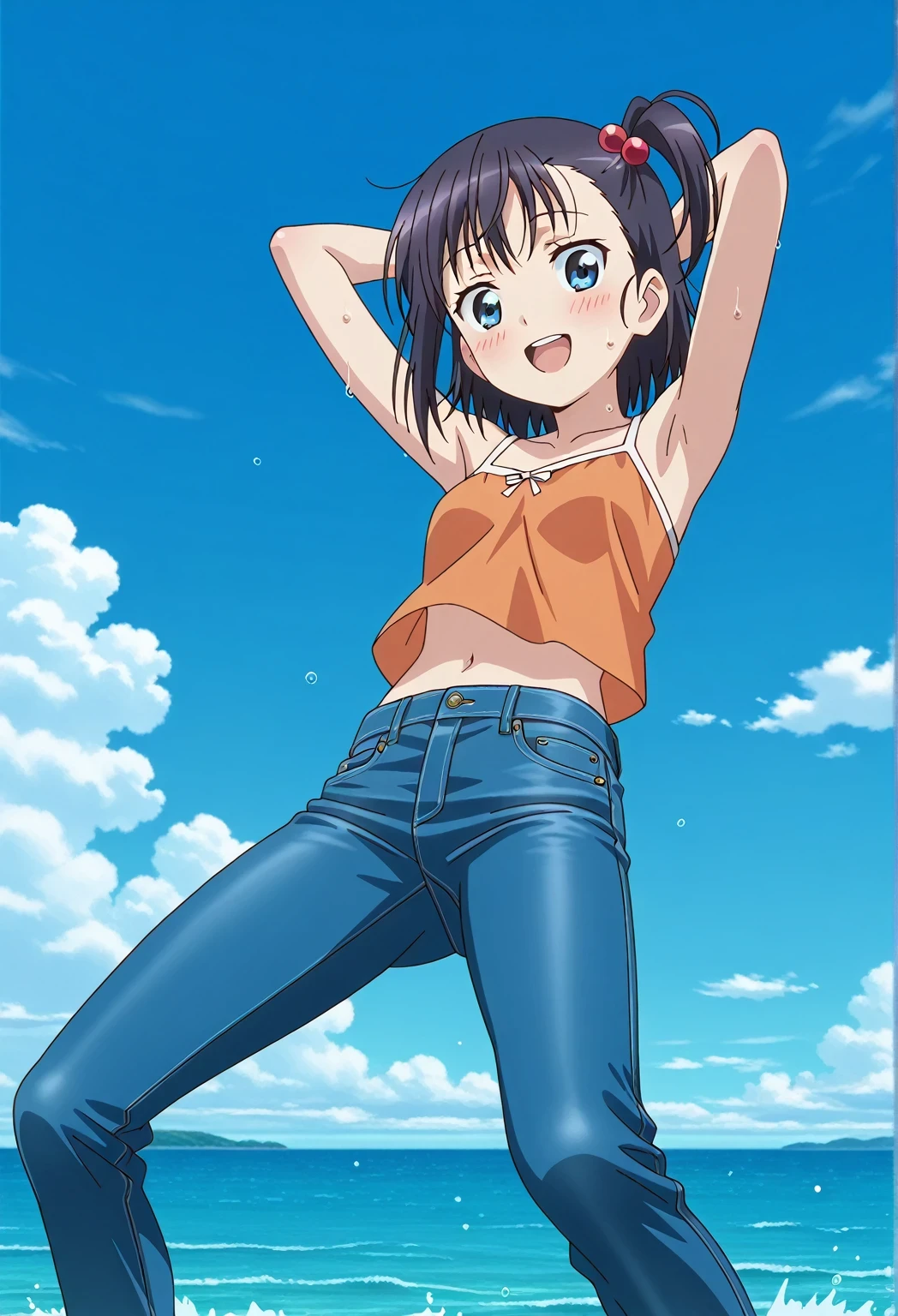 score_9, score_8_up, score_7_up, source_anime, highres, hi res, ((best quality, top quality, perfect quality, Highest Quality, amazing quality)), {{masterpiece}}, {{an extremely delicate and beautiful}}, 2d, intricate details, official style, anime, 8k, anime style, official_anime, official art, digital painting, cell shading, soft shading, high resolution, soothing tones, Subdued Color, Soft cinematic light, adobe lightroom, photolab, HDR, intricately and hyper-detailed, ((high quality animation)), 1 girl, Alone, solo, ((ocean)), tsunami, on the water, day, sunny, outdoors, sky, windy, hikage miyauchi, short hair, blue eyes, black hair, side ponytail, one side up, hair bobbles, anime screencap, small breasts, orange camisole top, crop top, orange crop top, best quality, hyper-detailed jeans, ((blue jeans:1.9)), (dark blue jeans:0.6), full medium body, medium shot, Open mouth, smiling, happy face, blush, sweat, standing, ((arms behind head:6.0)), ((perfect arm line:2.5)), bowlegged, jumping pose, action, looking at viewer, spread legs, Bend knees slightly, straight-on front view