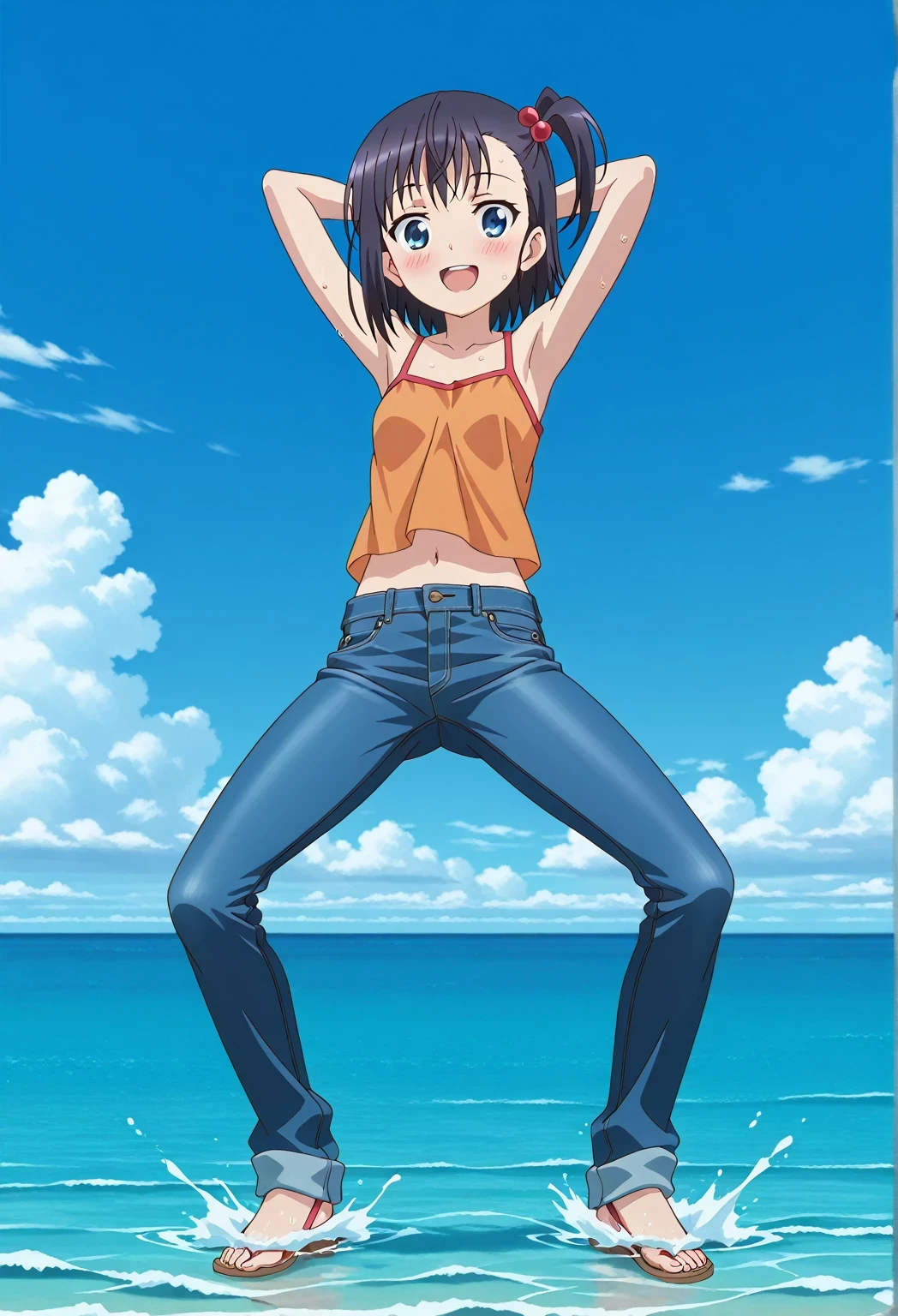 score_9, score_8_up, score_7_up, source_anime, highres, hi res, ((best quality, top quality, perfect quality, Highest Quality, amazing quality)), {{masterpiece}}, {{an extremely delicate and beautiful}}, 2d, intricate details, official style, anime, 8k, anime style, official_anime, official art, digital painting, cell shading, soft shading, high resolution, soothing tones, Subdued Color, Soft cinematic light, adobe lightroom, photolab, HDR, intricately and hyper-detailed, ((high quality animation)), 1 girl, Alone, solo, ((ocean)), tsunami, on the water, day, sunny, outdoors, sky, windy, hikage miyauchi, short hair, blue eyes, black hair, side ponytail, one side up, hair bobbles, anime screencap, small breasts, orange camisole top, crop top, orange crop top, best quality, hyper-detailed jeans, ((blue jeans:1.9)), (dark blue jeans:0.6), full medium body, medium shot, Open mouth, smiling, happy face, blush, sweat, standing, ((arms behind head:6.0)), ((perfect arm line:2.5)), bowlegged, jumping pose, action, looking at viewer, spread legs, Bend knees slightly, straight-on front view