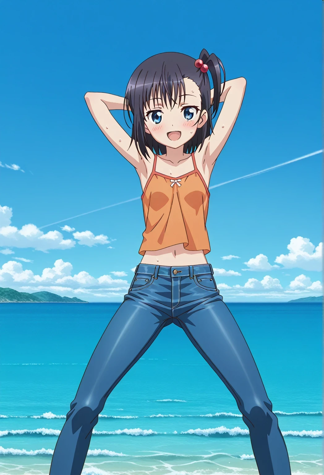 score_9, score_8_up, score_7_up, source_anime, highres, hi res, ((best quality, top quality, perfect quality, Highest Quality, amazing quality)), {{masterpiece}}, {{an extremely delicate and beautiful}}, 2d, intricate details, official style, anime, 8k, anime style, official_anime, official art, digital painting, cell shading, soft shading, high resolution, soothing tones, Subdued Color, Soft cinematic light, adobe lightroom, photolab, HDR, intricately and hyper-detailed, ((high quality animation)), 1 girl, Alone, solo, ((ocean)), tsunami, on the water, day, sunny, outdoors, sky, windy, hikage miyauchi, short hair, blue eyes, black hair, side ponytail, one side up, hair bobbles, anime screencap, small breasts, orange camisole top, crop top, orange crop top, best quality, hyper-detailed jeans, ((blue jeans:1.9)), (dark blue jeans:0.6), full medium body, medium shot, Open mouth, smiling, happy face, blush, sweat, standing, ((arms behind head:6.0)), ((perfect arm line:2.5)), bowlegged, jumping pose, action, looking at viewer, spread legs, Bend knees slightly, straight-on front view