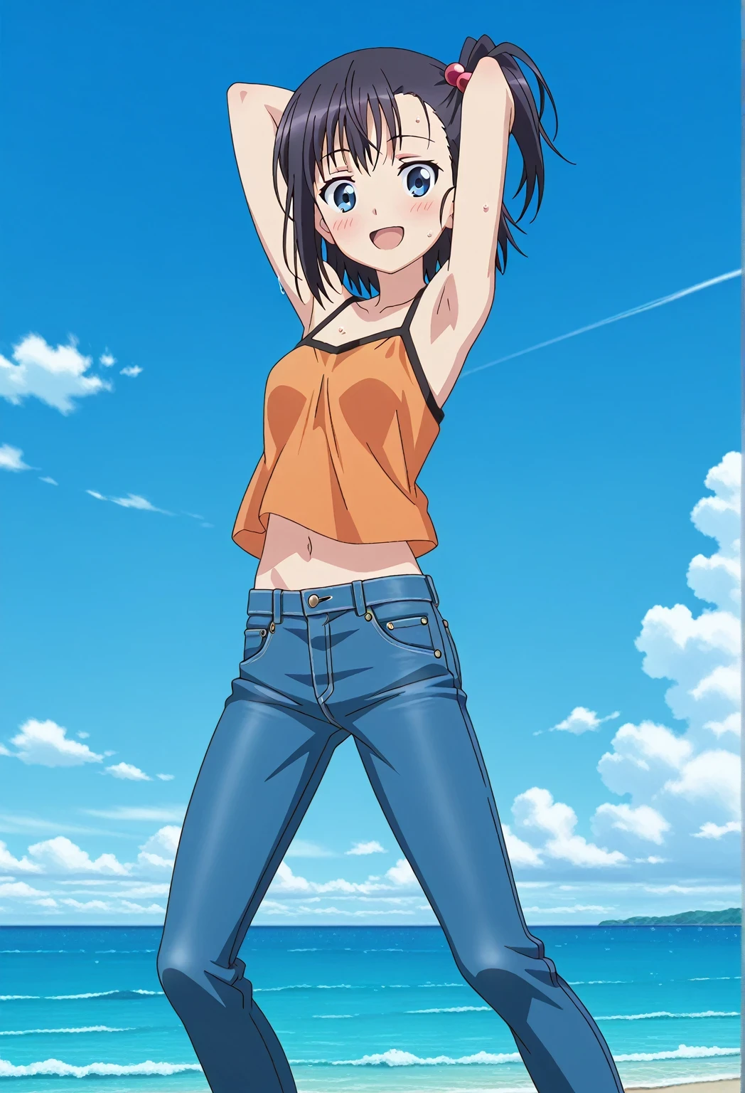 score_9, score_8_up, score_7_up, source_anime, highres, hi res, ((best quality, top quality, perfect quality, Highest Quality, amazing quality)), {{masterpiece}}, {{an extremely delicate and beautiful}}, 2d, intricate details, official style, anime, 8k, anime style, official_anime, official art, digital painting, cell shading, soft shading, high resolution, soothing tones, Subdued Color, Soft cinematic light, adobe lightroom, photolab, HDR, intricately and hyper-detailed, ((high quality animation)), 1 girl, Alone, solo, ((ocean)), tsunami, on the water, day, sunny, outdoors, sky, windy, hikage miyauchi, short hair, blue eyes, black hair, side ponytail, one side up, hair bobbles, anime screencap, small breasts, orange camisole top, crop top, orange crop top, best quality, hyper-detailed jeans, ((blue jeans:1.9)), (dark blue jeans:0.6), full medium body, medium shot, Open mouth, smiling, happy face, blush, sweat, standing, ((arms behind head:6.0)), ((perfect arm line:2.5)), bowlegged, jumping pose, action, looking at viewer, spread legs, Bend knees slightly, straight-on front view