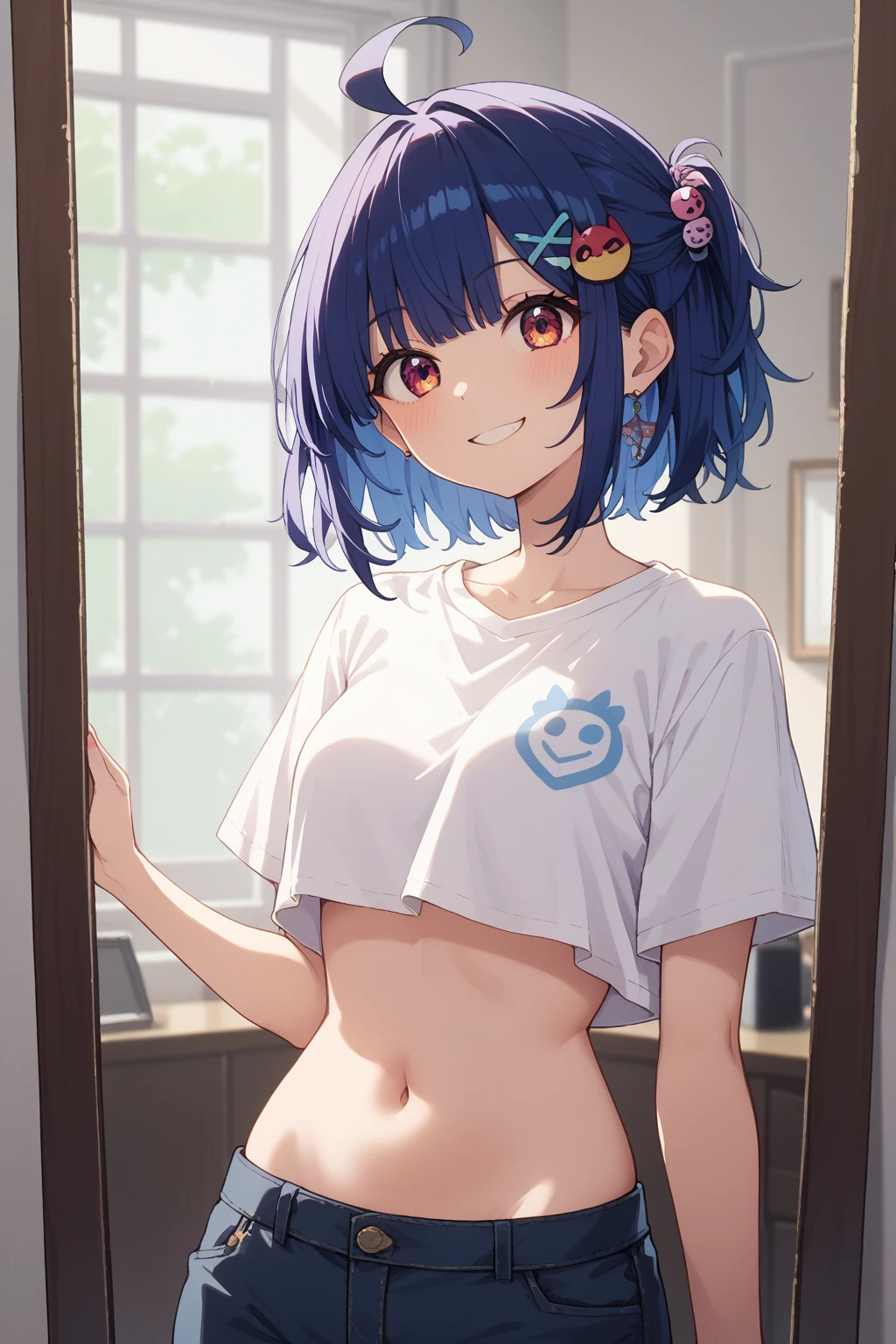 (,)(kita yamada ryo,blue hair,Yellow eyes,wavy shortcut hair,hairclip),((solo girl)),((Perfect body,))((Super beautiful,))((High quality,))((Heavy breathing,sweat, Sweaty and wet all over,)),backlit,shiny glossy,small ,pov, Looking at Viewer,((love hotel, enamel , cowboy shot,)),shyly,(Show off your  by opening your  in a crouching posture,)squatting and straddling,((cowgirl style, in )),((half open eyes,,  ,,open mouth, out,))