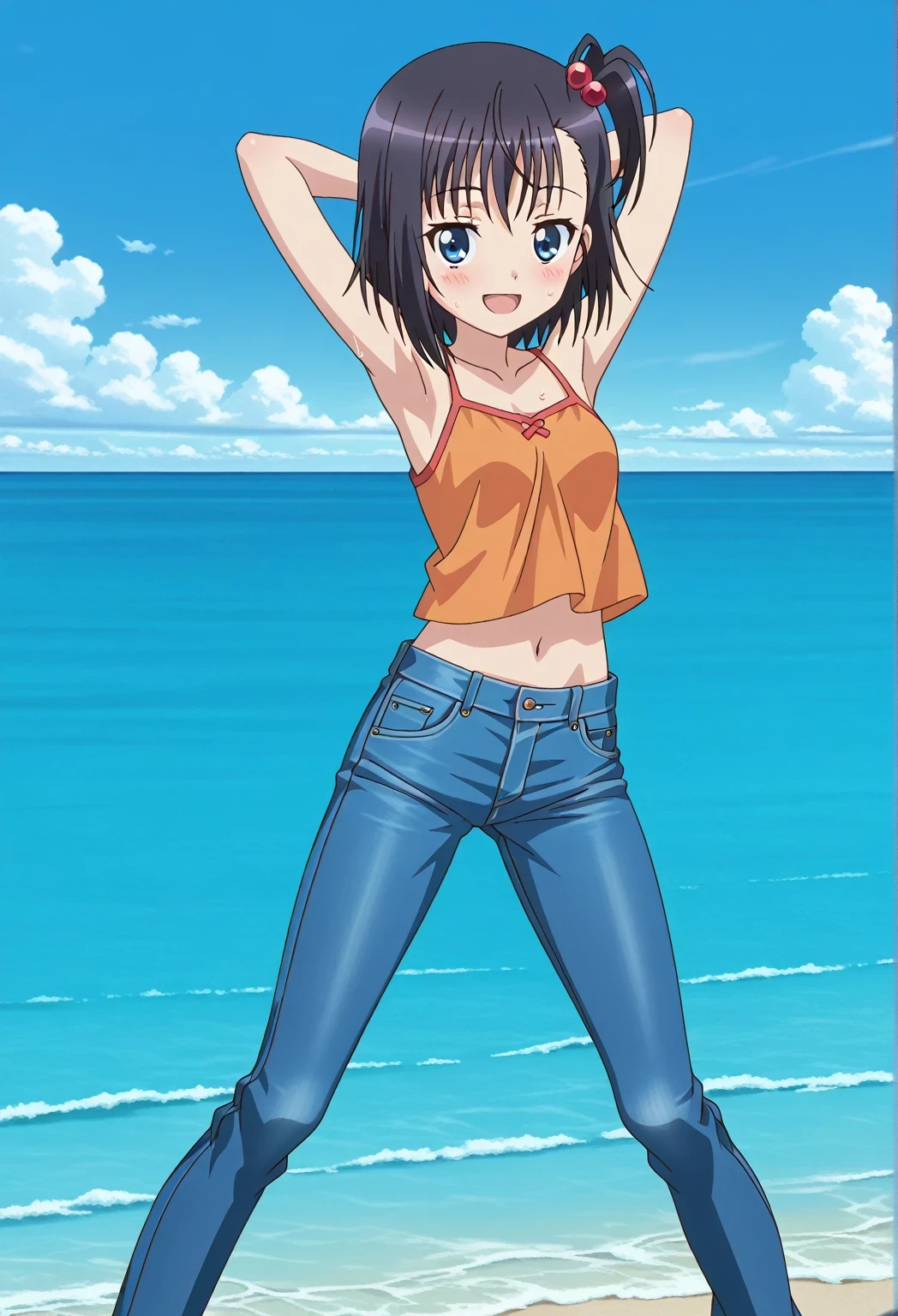score_9, score_8_up, score_7_up, source_anime, highres, hi res, ((best quality, top quality, perfect quality, Highest Quality, amazing quality)), {{masterpiece}}, {{an extremely delicate and beautiful}}, 2d, intricate details, official style, anime, 8k, anime style, official_anime, official art, digital painting, cell shading, soft shading, high resolution, soothing tones, Subdued Color, Soft cinematic light, adobe lightroom, photolab, HDR, intricately and hyper-detailed, ((high quality animation)), 1 girl, Alone, solo, ((ocean)), tsunami, on the water, day, sunny, outdoors, sky, windy, hikage miyauchi, short hair, blue eyes, black hair, side ponytail, one side up, hair bobbles, anime screencap, small breasts, orange camisole top, crop top, orange crop top, best quality, hyper-detailed jeans, ((blue jeans:1.9)), (dark blue jeans:0.6), full medium body, medium shot, Open mouth, smiling, happy face, blush, sweat, standing, ((arms behind head:6.0)), ((perfect arm line:2.5)), bowlegged, jumping pose, action, looking at viewer, spread legs, Bend knees slightly, straight-on front view