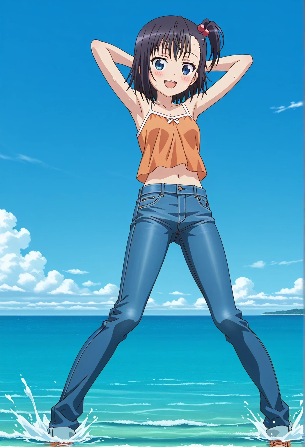 score_9, score_8_up, score_7_up, source_anime, highres, hi res, ((best quality, top quality, perfect quality, Highest Quality, amazing quality)), {{masterpiece}}, {{an extremely delicate and beautiful}}, 2d, intricate details, official style, anime, 8k, anime style, official_anime, official art, digital painting, cell shading, soft shading, high resolution, soothing tones, Subdued Color, Soft cinematic light, adobe lightroom, photolab, HDR, intricately and hyper-detailed, ((high quality animation)), 1 girl, Alone, solo, ((ocean)), tsunami, on the water, day, sunny, outdoors, sky, windy, hikage miyauchi, short hair, blue eyes, black hair, side ponytail, one side up, hair bobbles, anime screencap, small breasts, orange camisole top, crop top, orange crop top, best quality, hyper-detailed jeans, ((blue jeans:1.9)), (dark blue jeans:0.6), full medium body, medium shot, Open mouth, smiling, happy face, blush, sweat, standing, ((arms behind head:6.0)), ((perfect arm line:2.5)), bowlegged, jumping pose, action, looking at viewer, spread legs, Bend knees slightly, straight-on front view