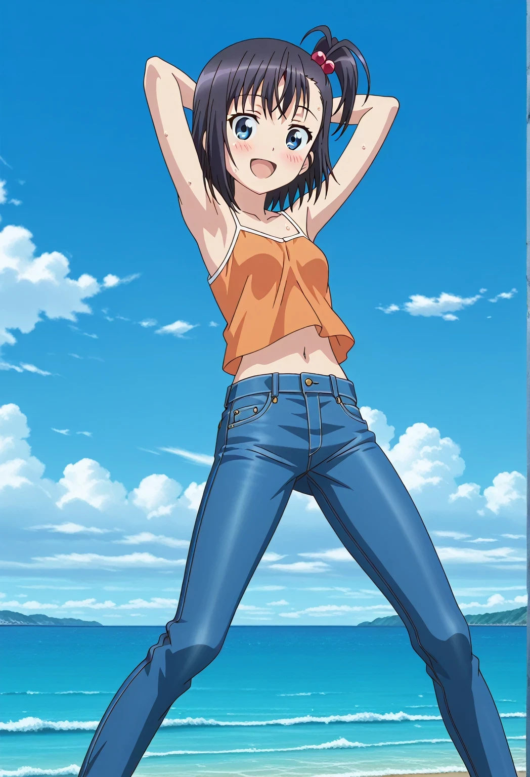 score_9, score_8_up, score_7_up, source_anime, highres, hi res, ((best quality, top quality, perfect quality, Highest Quality, amazing quality)), {{masterpiece}}, {{an extremely delicate and beautiful}}, 2d, intricate details, official style, anime, 8k, anime style, official_anime, official art, digital painting, cell shading, soft shading, high resolution, soothing tones, Subdued Color, Soft cinematic light, adobe lightroom, photolab, HDR, intricately and hyper-detailed, ((high quality animation)), 1 girl, Alone, solo, ((ocean)), tsunami, on the water, day, sunny, outdoors, sky, windy, hikage miyauchi, short hair, blue eyes, black hair, side ponytail, one side up, hair bobbles, anime screencap, small breasts, orange camisole top, crop top, orange crop top, best quality, hyper-detailed jeans, ((blue jeans:1.9)), (dark blue jeans:0.6), full medium body, medium shot, Open mouth, smiling, happy face, blush, sweat, standing, ((arms behind head:6.0)), ((perfect arm line:2.5)), bowlegged, jumping pose, action, looking at viewer, spread legs, Bend knees slightly, straight-on front view