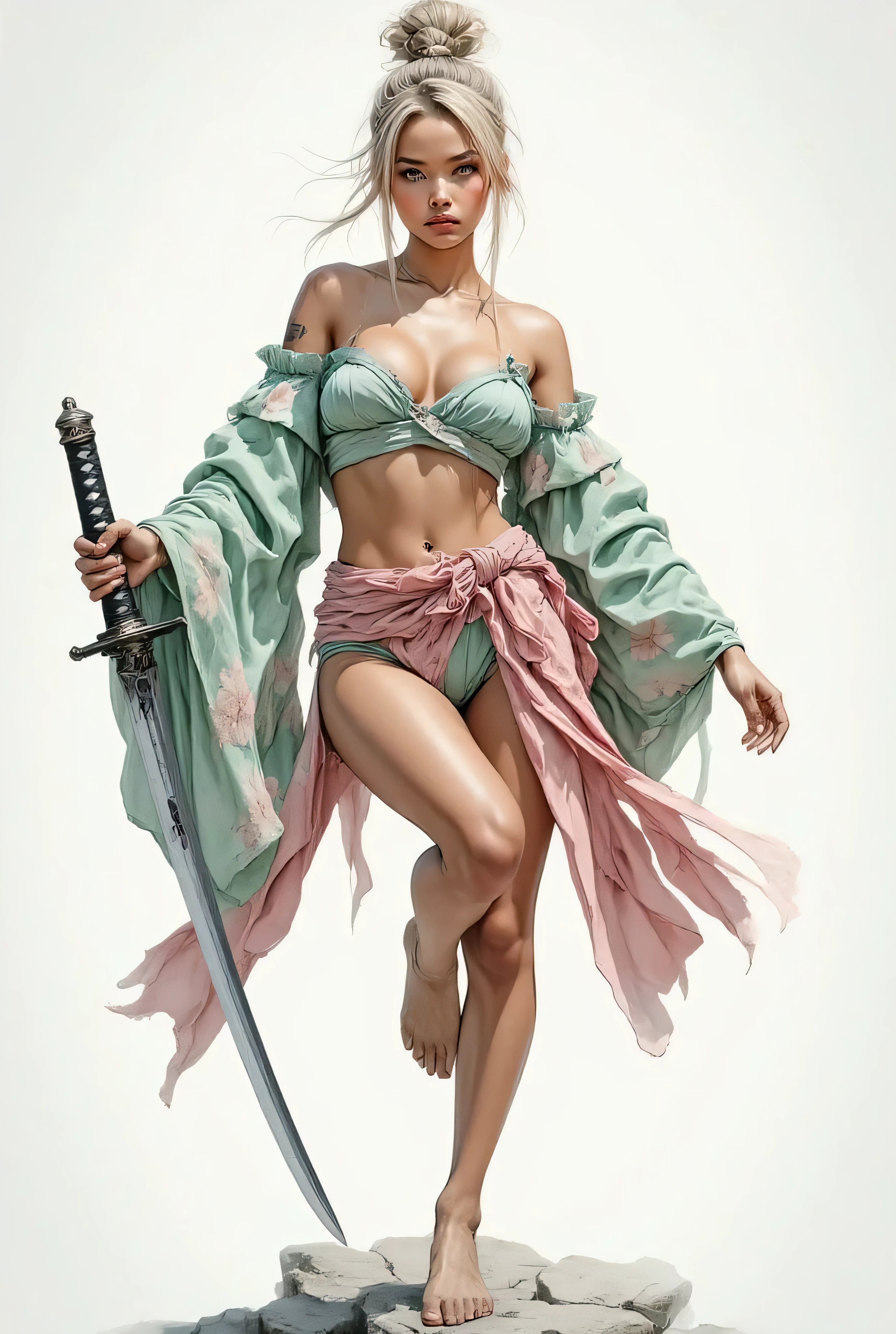 (masterpiece, best quality, ultra-realistic, photorealistic, cinematic rendering), a stunning young female warrior, (agile, graceful, dynamic one-legged balance pose:1.3), martial arts stance, elegant combat dance. Focused gaze, serene yet determined expression, calm intensity.
She wears a (modified silk kimono, off-the-shoulder, short length, elegant folds:1.2) in pale sage green, with (pastel pink trim and sleeves:1.1). The fabric has a (delicate, intricate cherry blossom pattern, sakura texture). A (wide dark pink obi, tightly fastened, accentuating waist:1.1).
She holds a (Japanese katana sword:1.3) in her right hand, blade pointing downward, sharp and gleaming. (Barefoot:1.2) on a smooth, light-colored rock.
(Ash blonde hair:1.1) tied in a (messy high bun, wisps of hair framing face:1.1). (Natural yet elegant makeup, subtle nude lipstick, soft blush).
(Very intense, diffused studio lighting:1.4), (atmospheric blown out white background:1.5), bright halo effect, subject isolation. (High contrast, strong silhouette on edges). Soft yet defined shadows, sculptural lighting.
(Sharp focus on subject, shallow depth of field, creamy bokeh). Close-up shot.
(Ultra-detailed skin, intricate fabric textures, metallic sheen on katana, visible hair strands:1.3), 4K, 8K, high resolution.