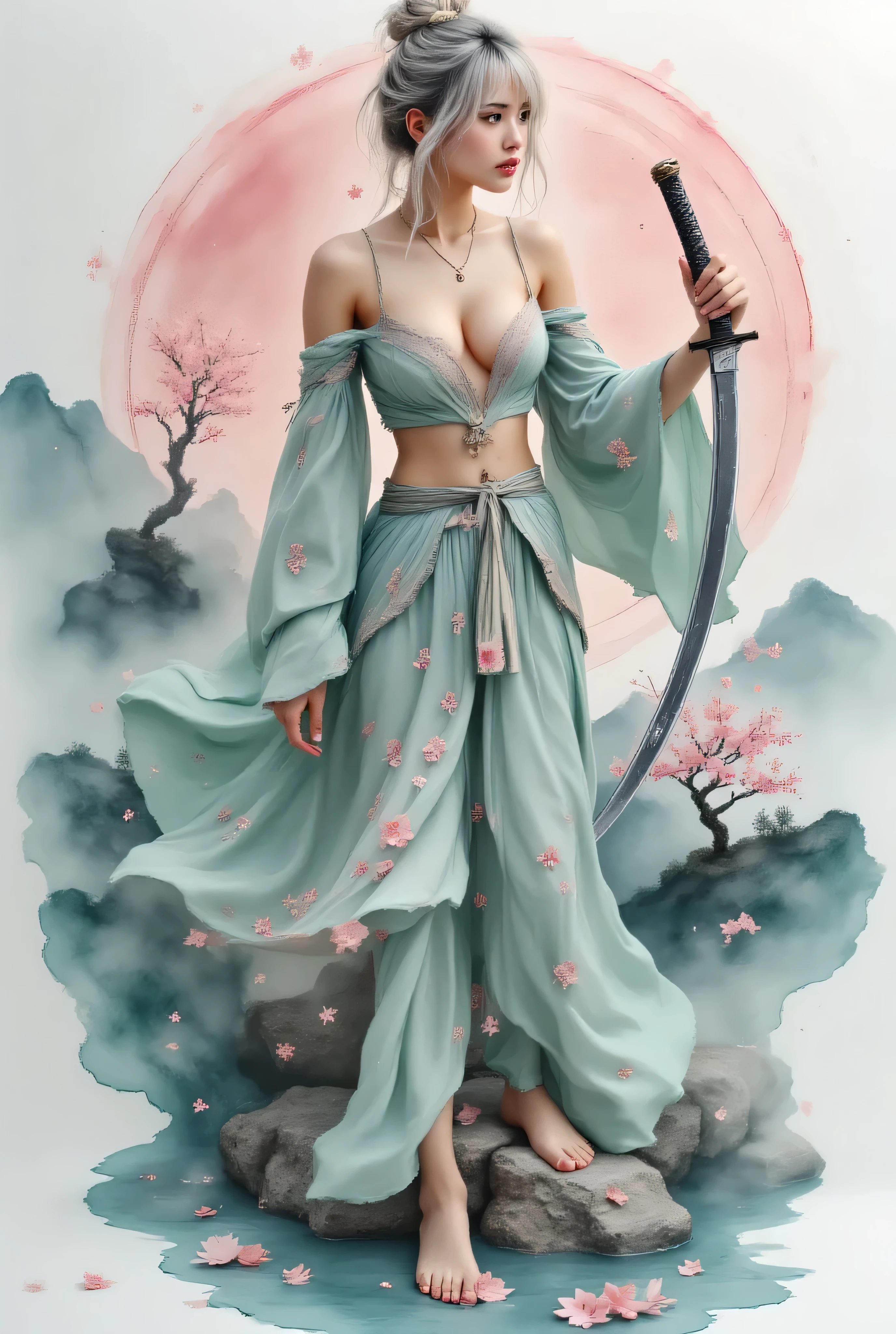 (masterpiece, best quality, ultra-realistic, photorealistic, cinematic rendering), a stunning young female warrior, (agile, graceful, dynamic one-legged balance pose:1.3), martial arts stance, elegant combat dance. Focused gaze, serene yet determined expression, calm intensity.
She wears a (modified silk kimono, off-the-shoulder, short length, elegant folds:1.2) in pale sage green, with (pastel pink trim and sleeves:1.1). The fabric has a (delicate, intricate cherry blossom pattern, sakura texture). A (wide dark pink obi, tightly fastened, accentuating waist:1.1).
She holds a (Japanese katana sword:1.3) in her right hand, blade pointing downward, sharp and gleaming. (Barefoot:1.2) on a smooth, light-colored rock.
(Ash blonde hair:1.1) tied in a (messy high bun, wisps of hair framing face:1.1). (Natural yet elegant makeup, subtle nude lipstick, soft blush).
(Very intense, diffused studio lighting:1.4), (atmospheric blown out white background:1.5), bright halo effect, subject isolation. (High contrast, strong silhouette on edges). Soft yet defined shadows, sculptural lighting.
(Sharp focus on subject, shallow depth of field, creamy bokeh). Full body shot.
(Ultra-detailed skin, intricate fabric textures, metallic sheen on katana, visible hair strands:1.3), 4K, 8K, high resolution.