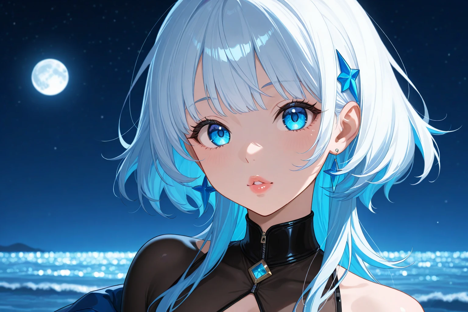 {{masterpiece}}, best quality, extremely detailed CG unity 8k wallpaper, cinematic lighting, lens flare, beautiful detail eyes, black,  side glance,  multicolor short white hair, colorful light, particles, heterochromia, (colorful:1.5), (colorful hair:1.5), show body goal, beach view,  swimsuit,